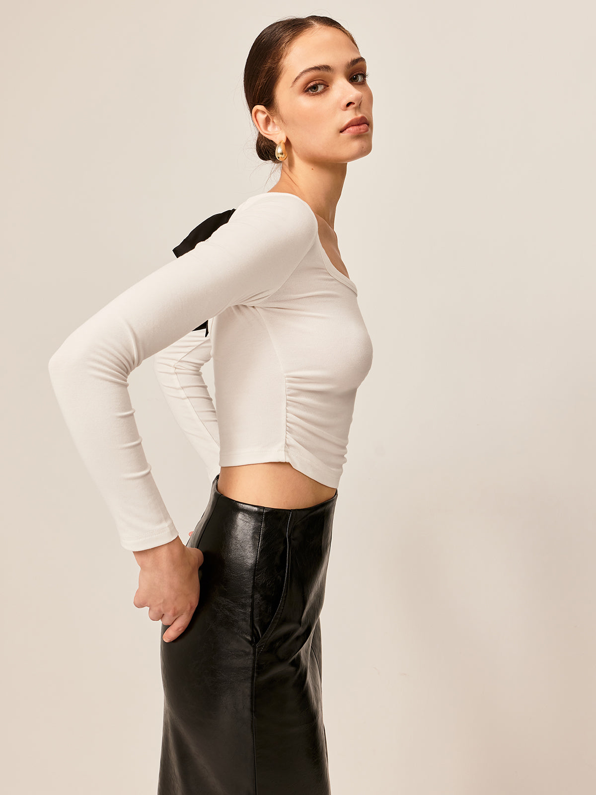 Callistari Backless Pleated Bow Crop T-Shirt-CALLISTARI