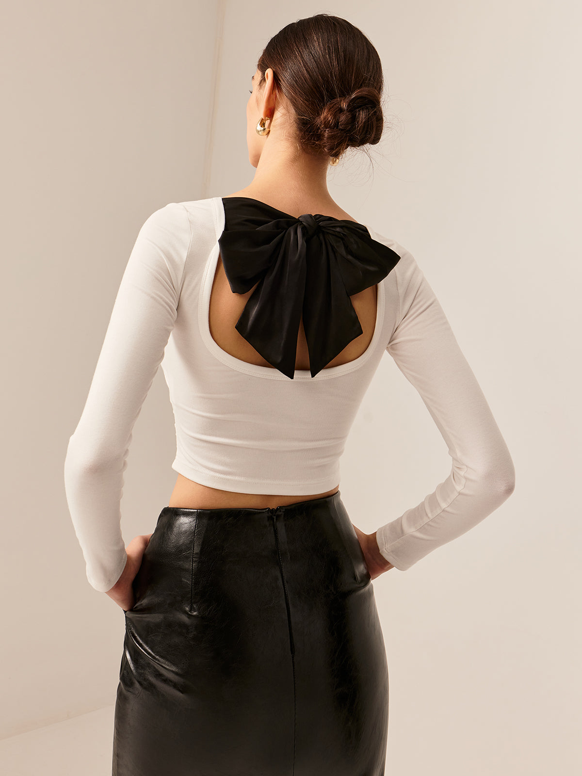 Callistari Backless Pleated Bow Crop T-Shirt-CALLISTARI