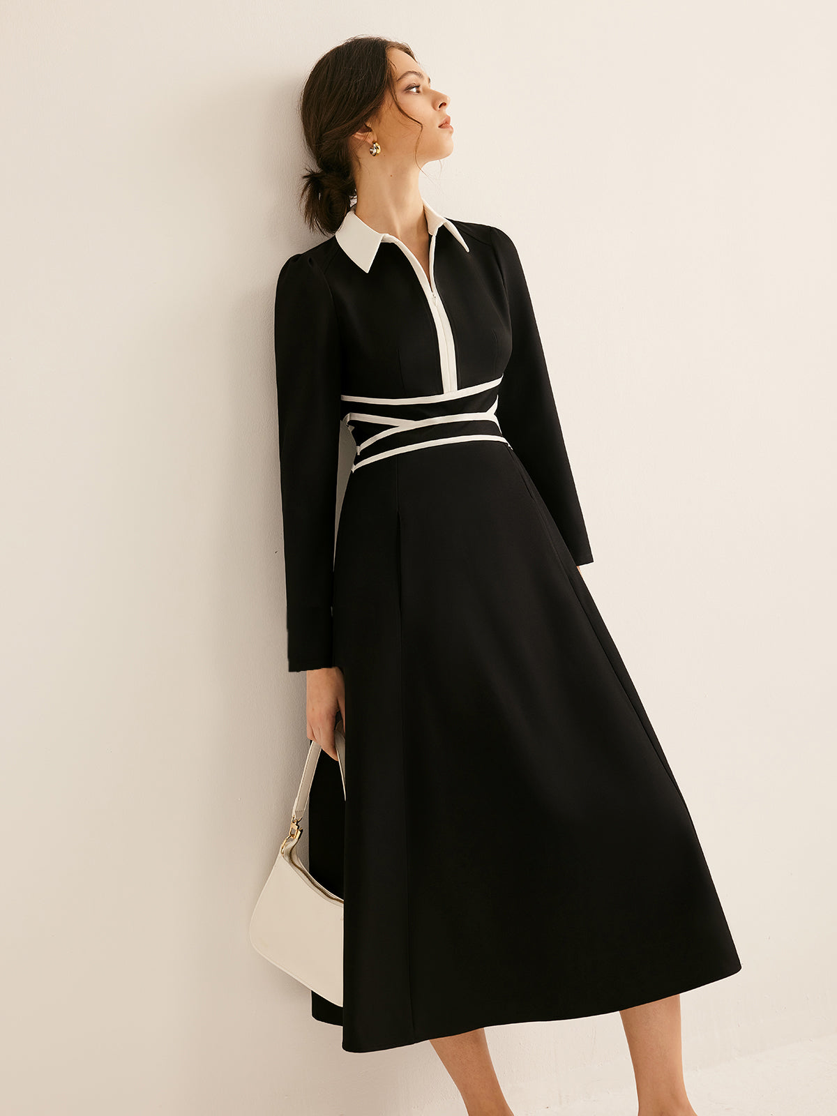Contrast Piping Long Sleeve Lapel Dress-CALLISTARI