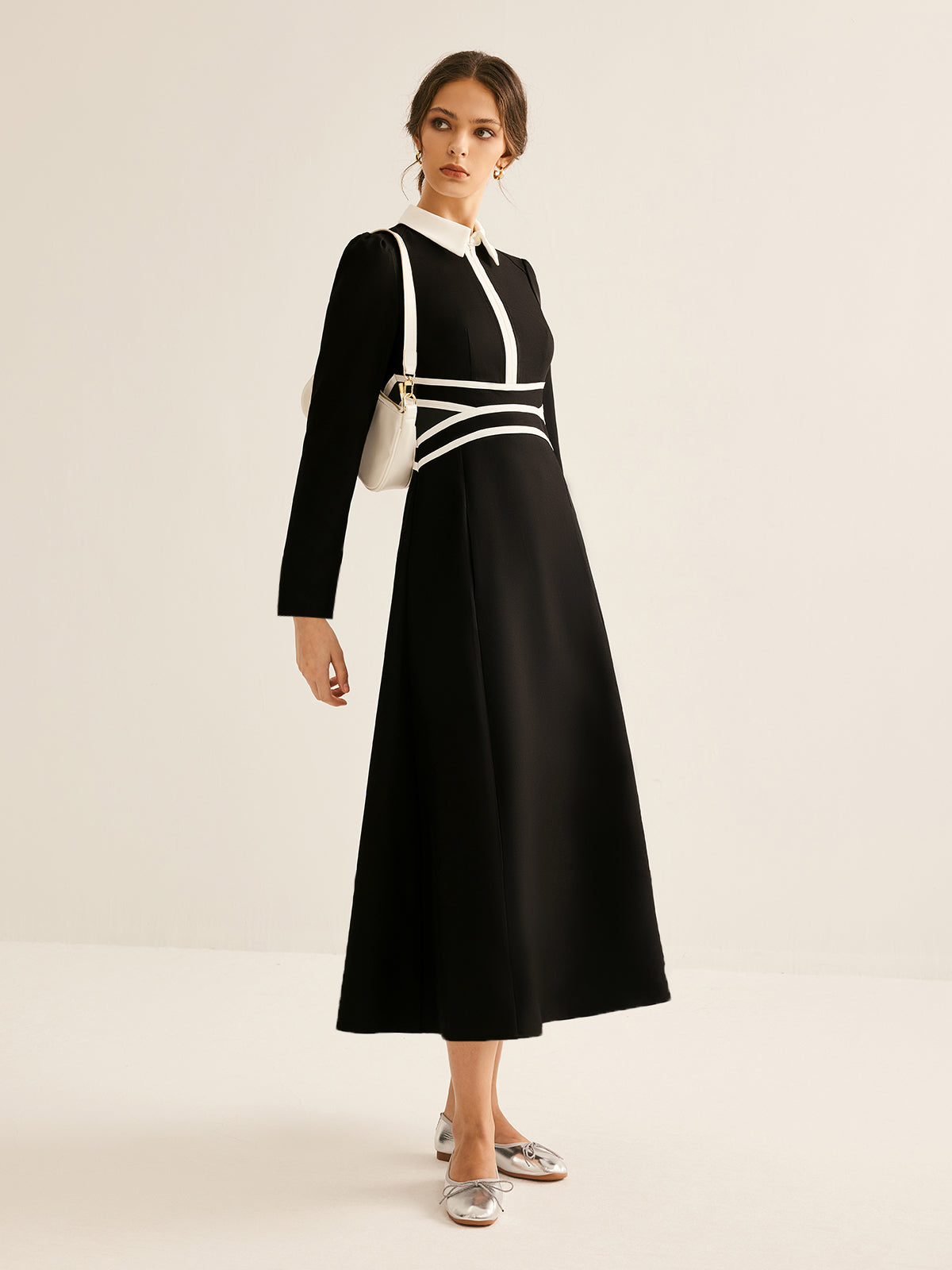 Contrast Piping Long Sleeve Lapel Dress-CALLISTARI