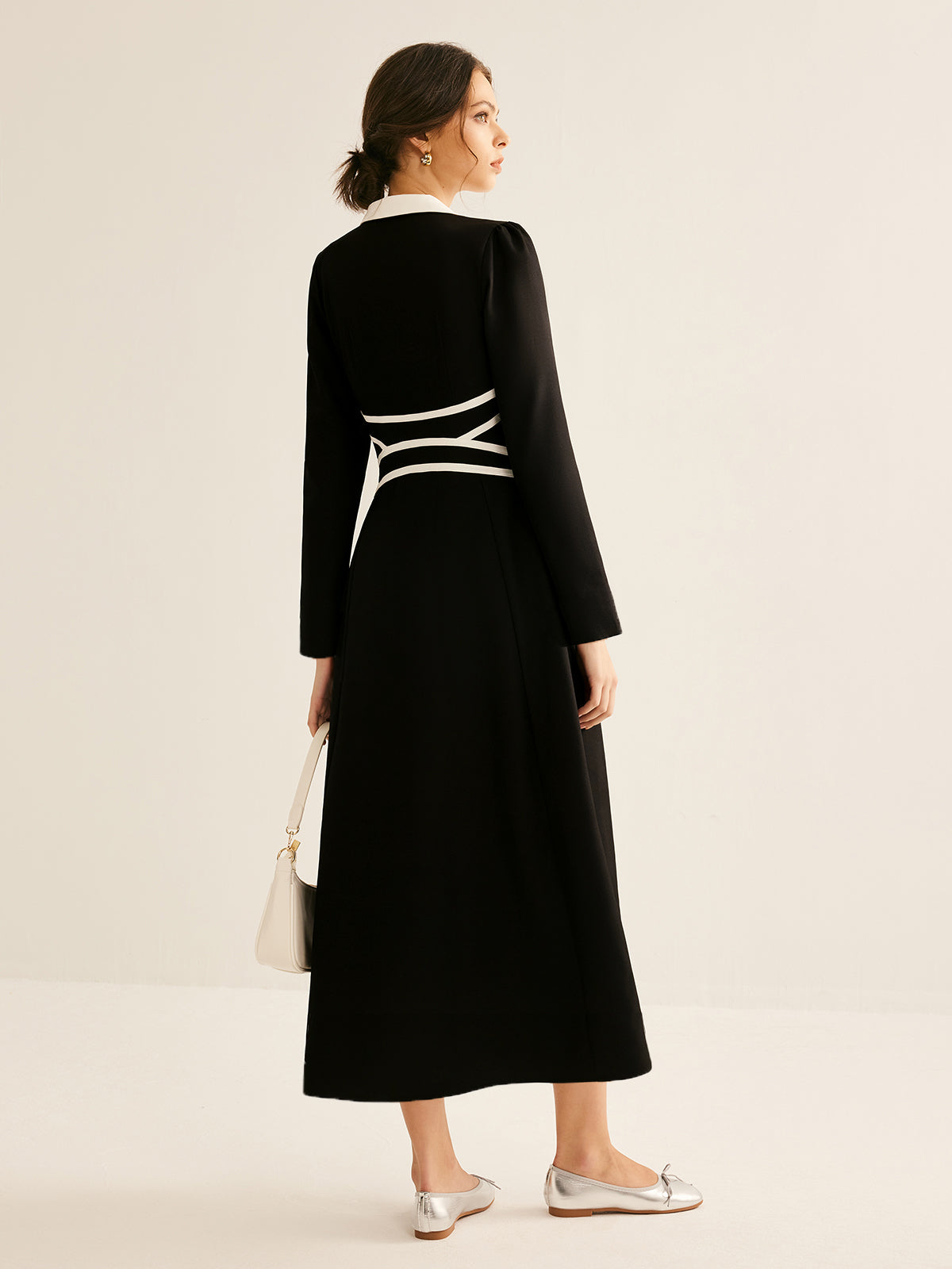 Contrast Piping Long Sleeve Lapel Dress-CALLISTARI