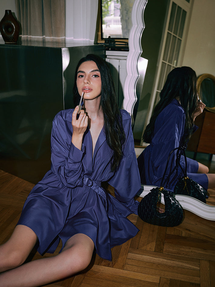 Callistari V-Neck Belted Thin Lapel Dress-CALLISTARI