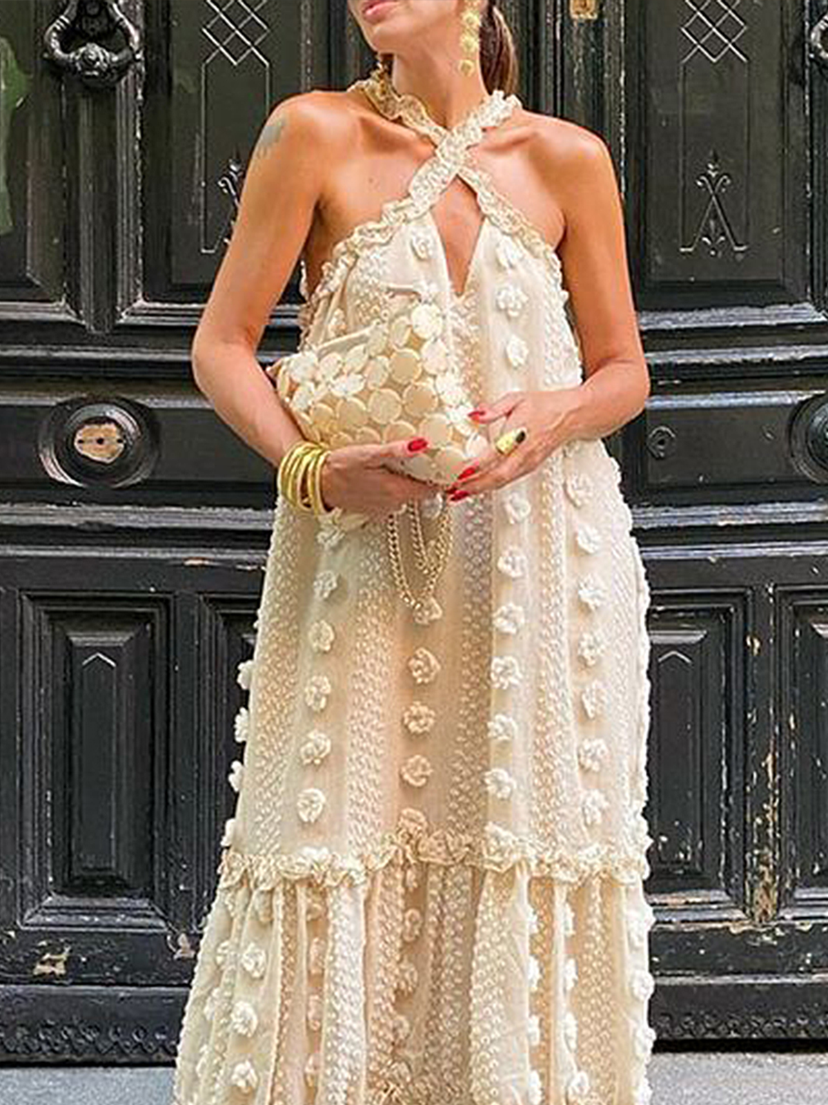 Callistari Cross-Over Collar 3D Flower Flowy Dress-CALLISTARI