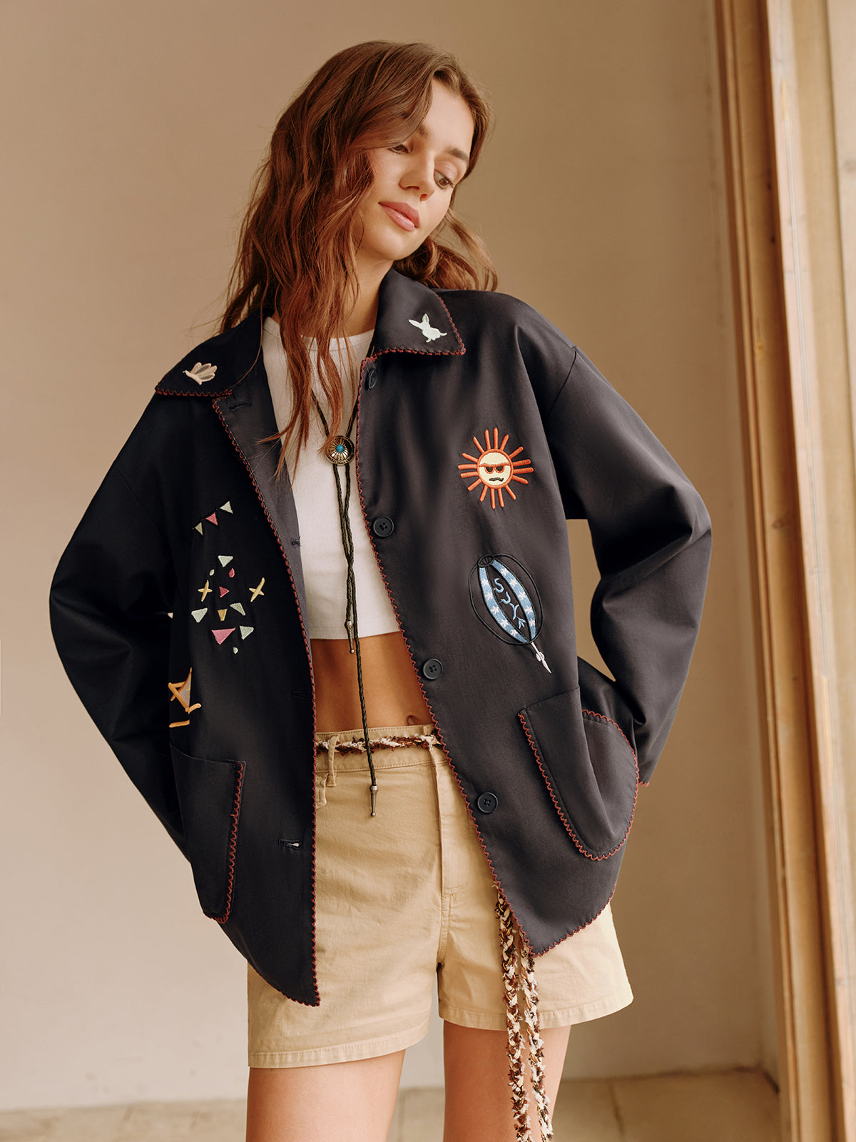 Boheme Embroidery Lapel Jacket-Mesadic