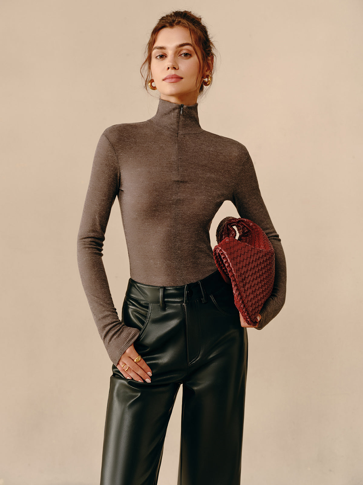 Callistari Turtleneck Ribbed Zipper Blouse-CALLISTARI
