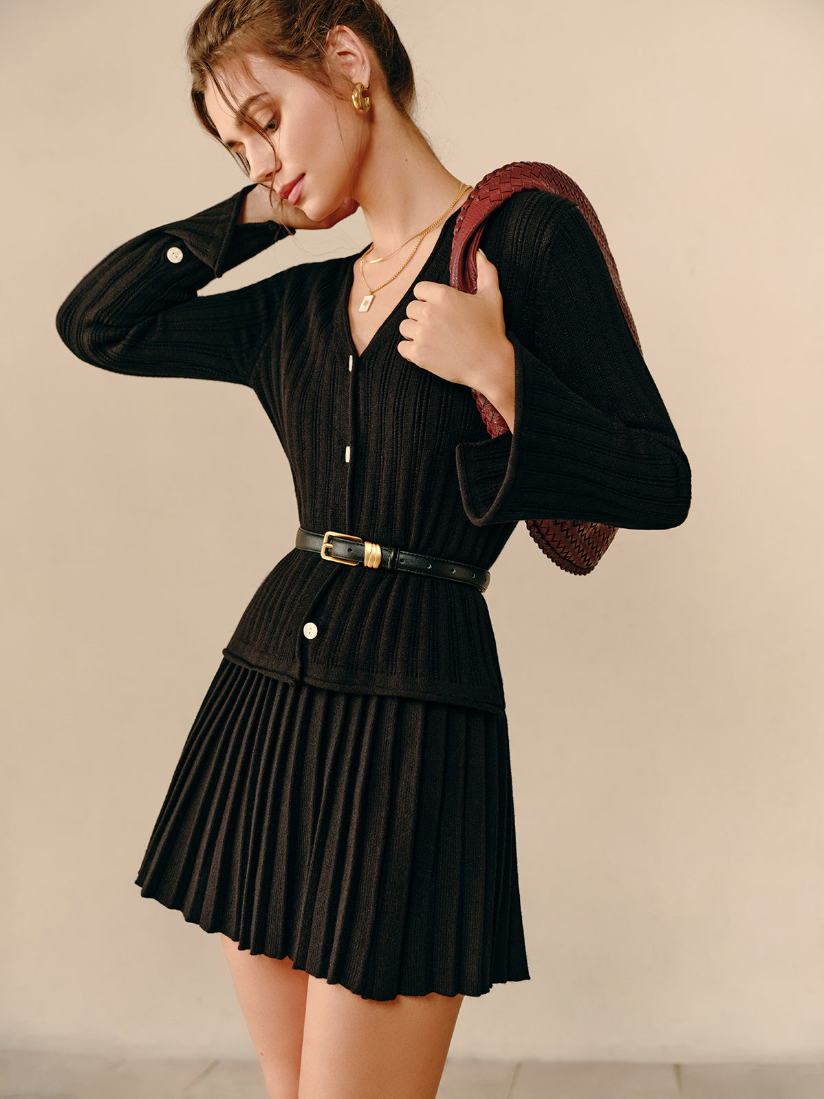Callistari V-Neck Pleated Sweater Co-ord Without Belt-CALLISTARI