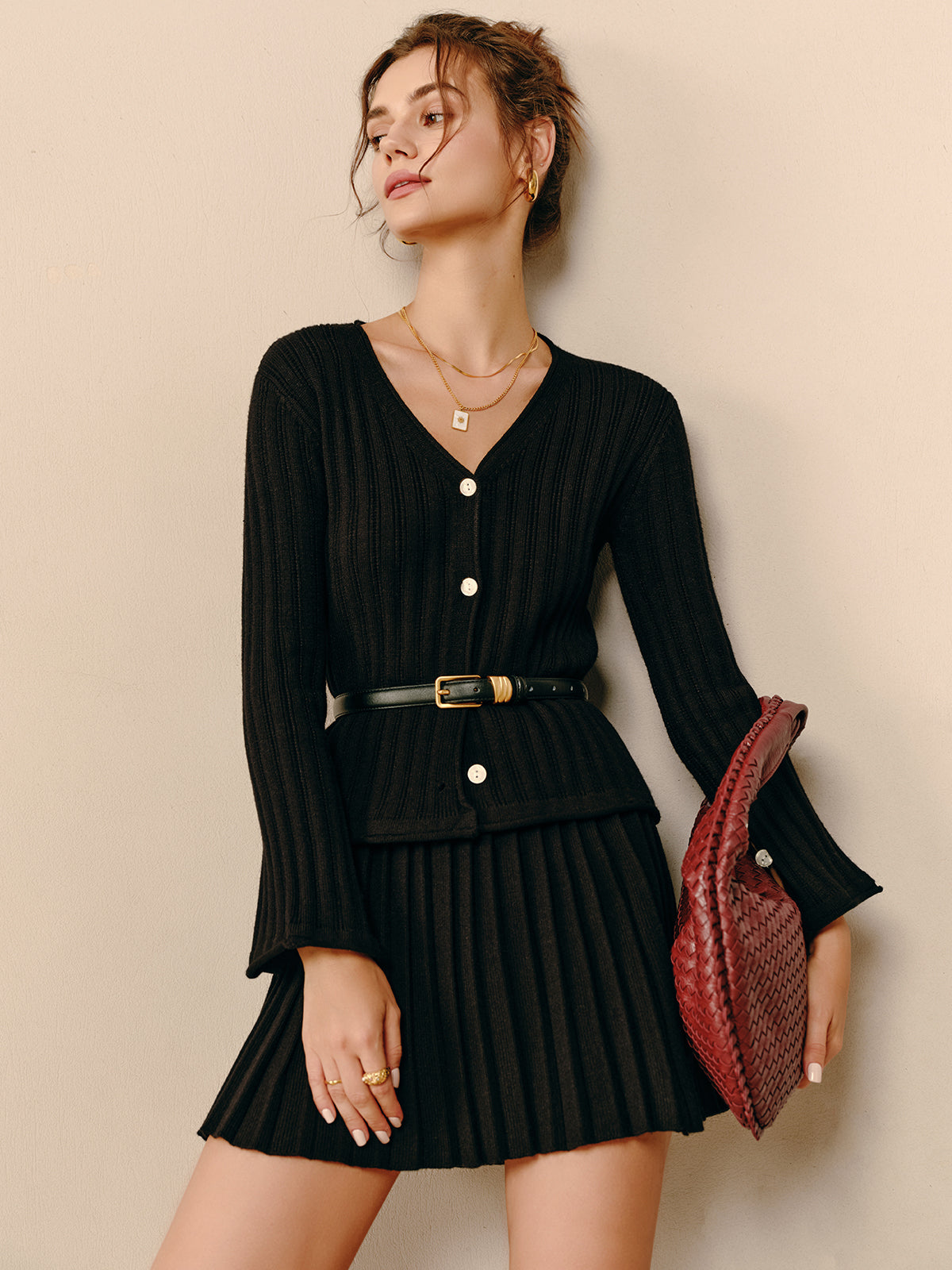 Callistari V-Neck Pleated Sweater Co-ord Without Belt-CALLISTARI