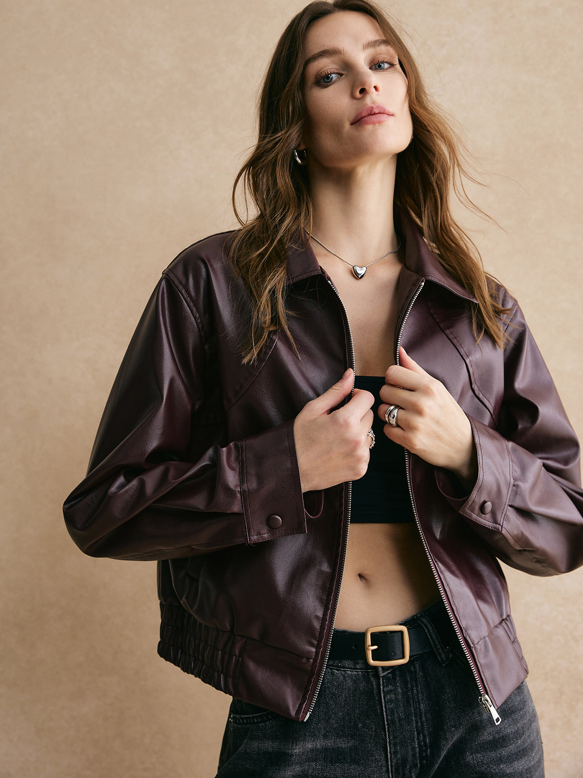 Lapel Zipper PU Leather Short Jacket-CALLISTARI