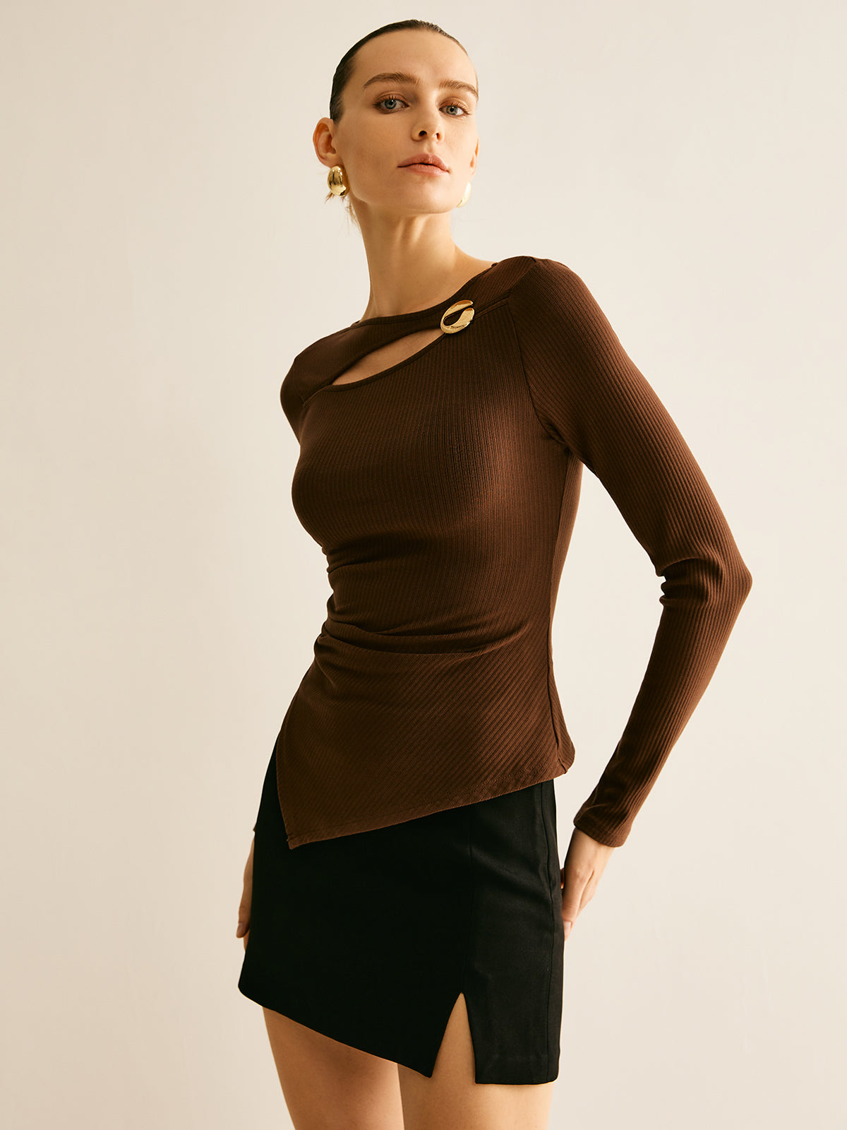 Callistari Asymmetrical Cutout Long Sleeve T-Shirt-CALLISTARI