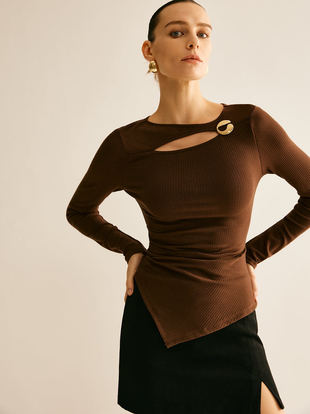 Callistari Asymmetrical Cutout Long Sleeve T-Shirt-CALLISTARI