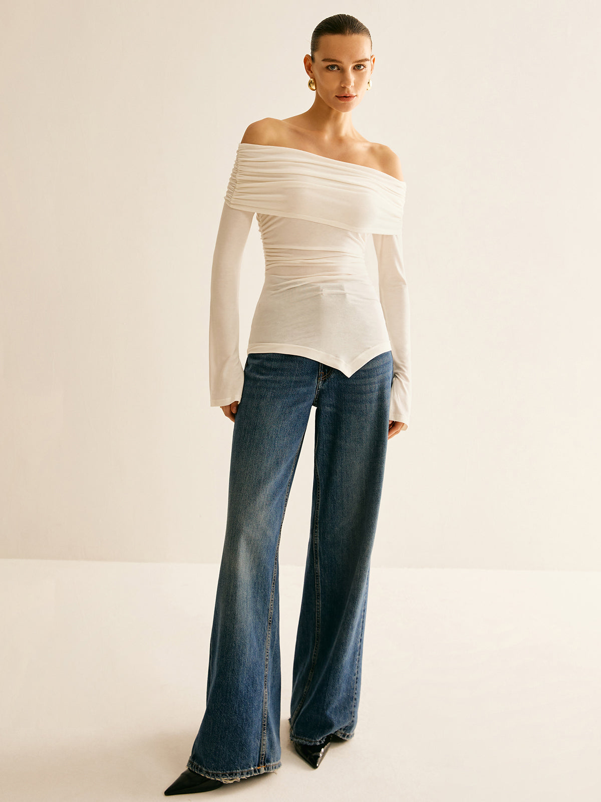 Callistari Asymmetrical Ruched Off Shoulder T-Shirt-CALLISTARI