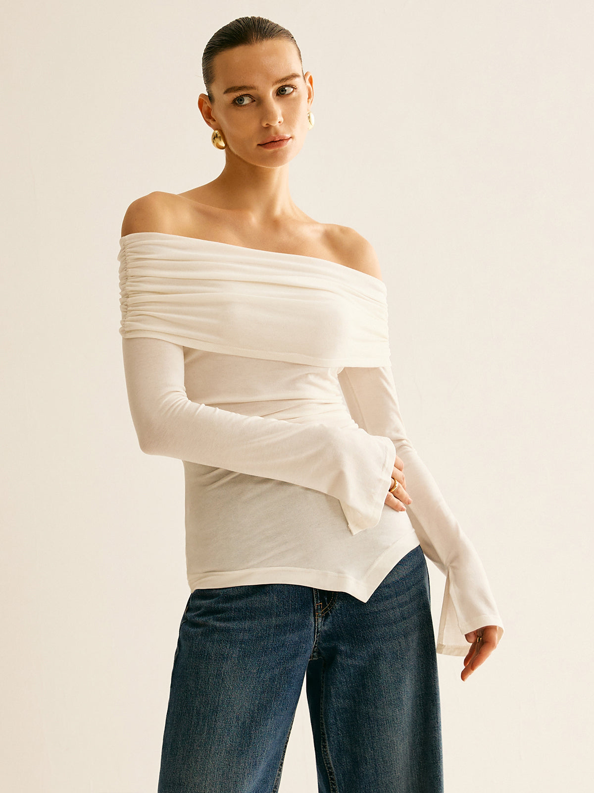 Callistari Asymmetrical Ruched Off Shoulder T-Shirt-CALLISTARI