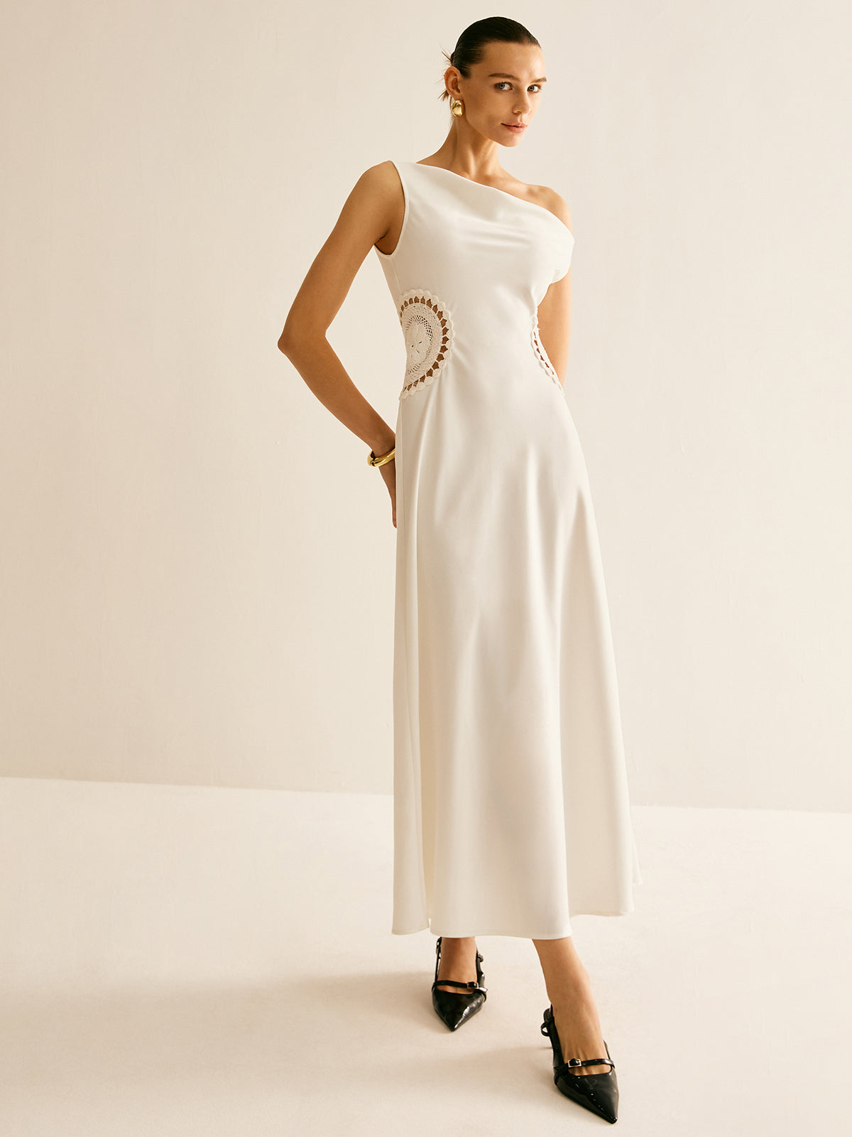 Asymmetrical Neck Floral Embroiled Long Dress-CALLISTARI