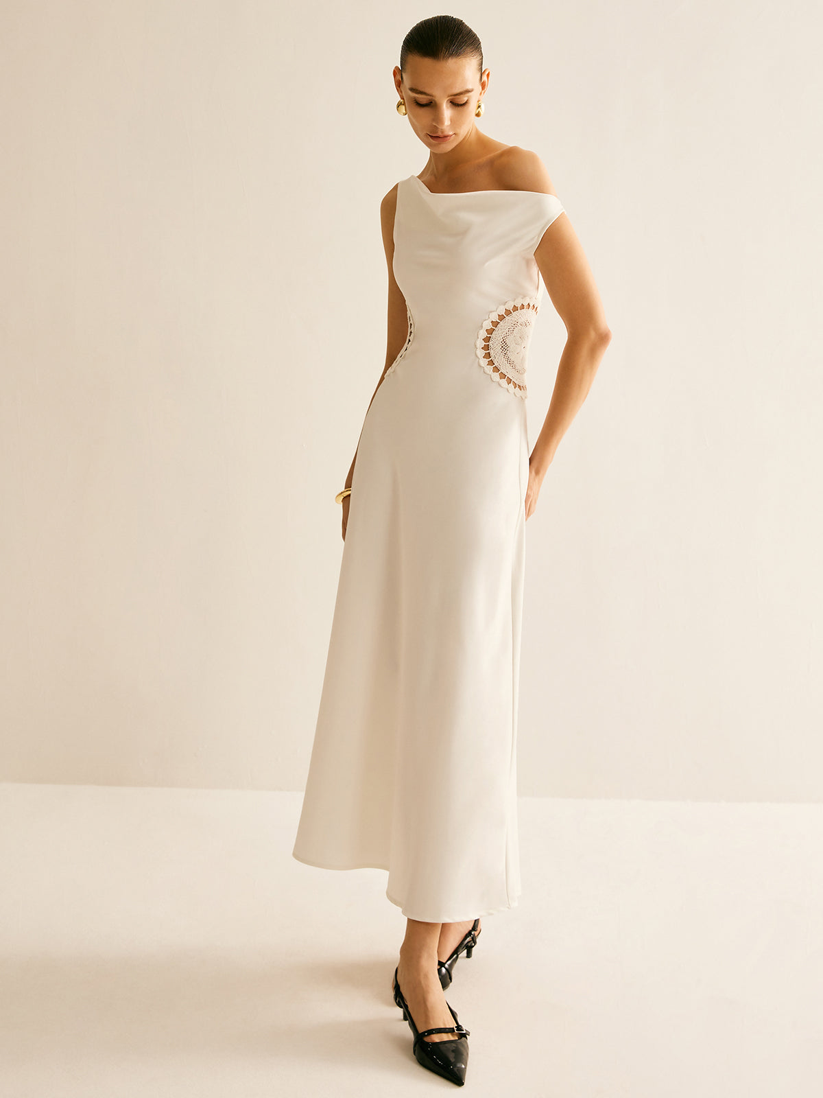 Asymmetrical Neck Floral Embroiled Long Dress-CALLISTARI