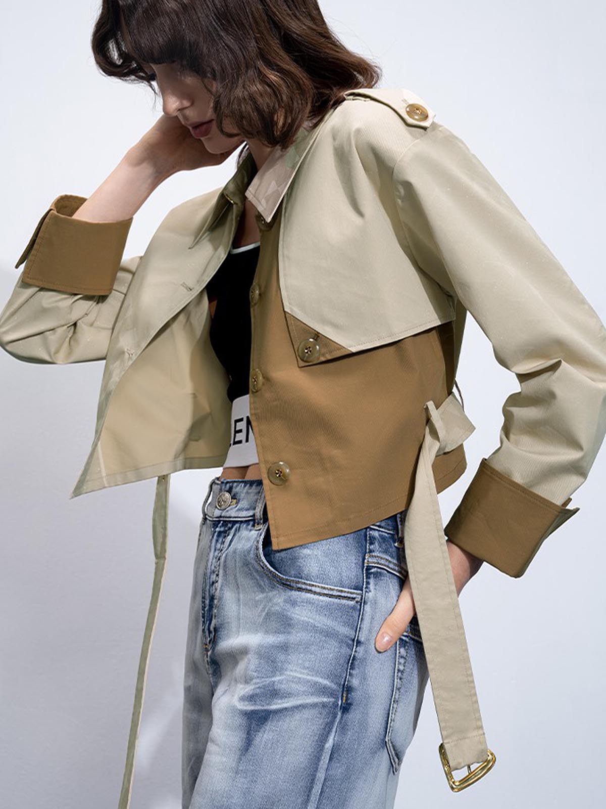Two Tone Buckle Belted Trench Coat-Mesadic
