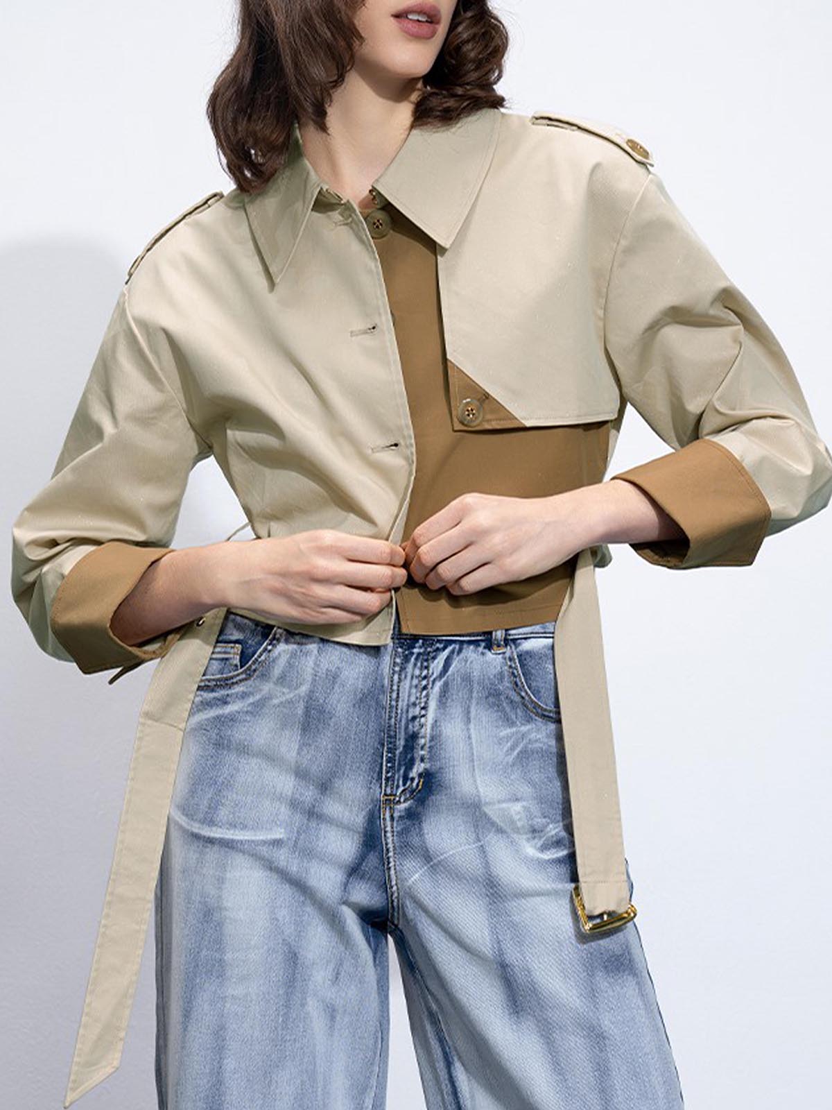 Two Tone Buckle Belted Trench Coat-Mesadic