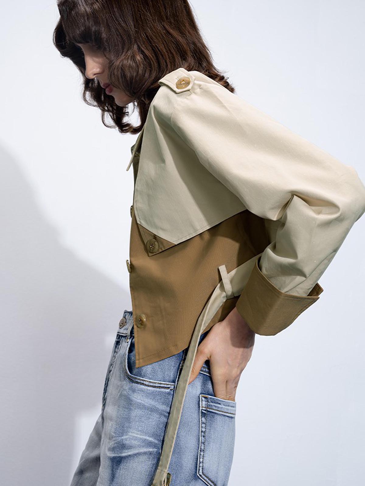 Two Tone Buckle Belted Trench Coat-Mesadic