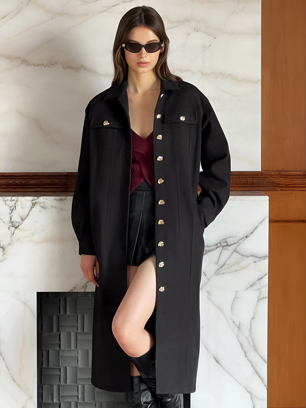 Leisure Metal Detail Belted Wool Coat-CALLISTARI