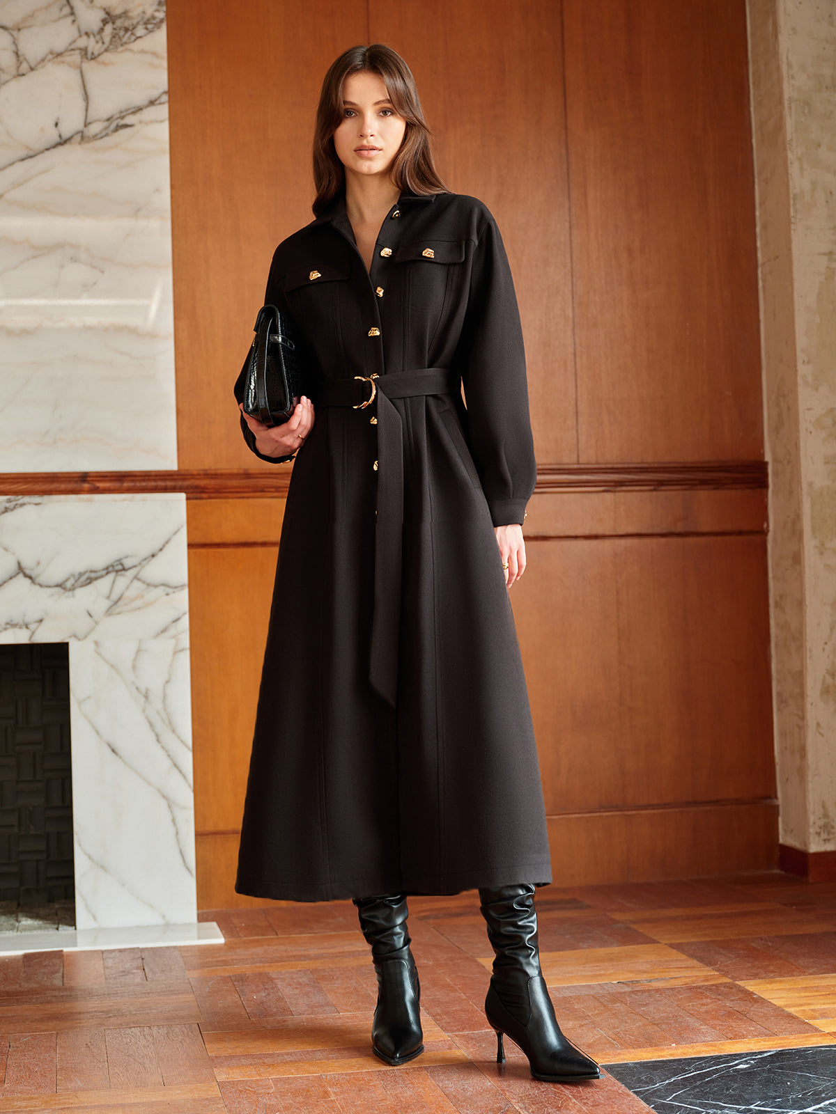 Leisure Metal Detail Belted Wool Coat-CALLISTARI