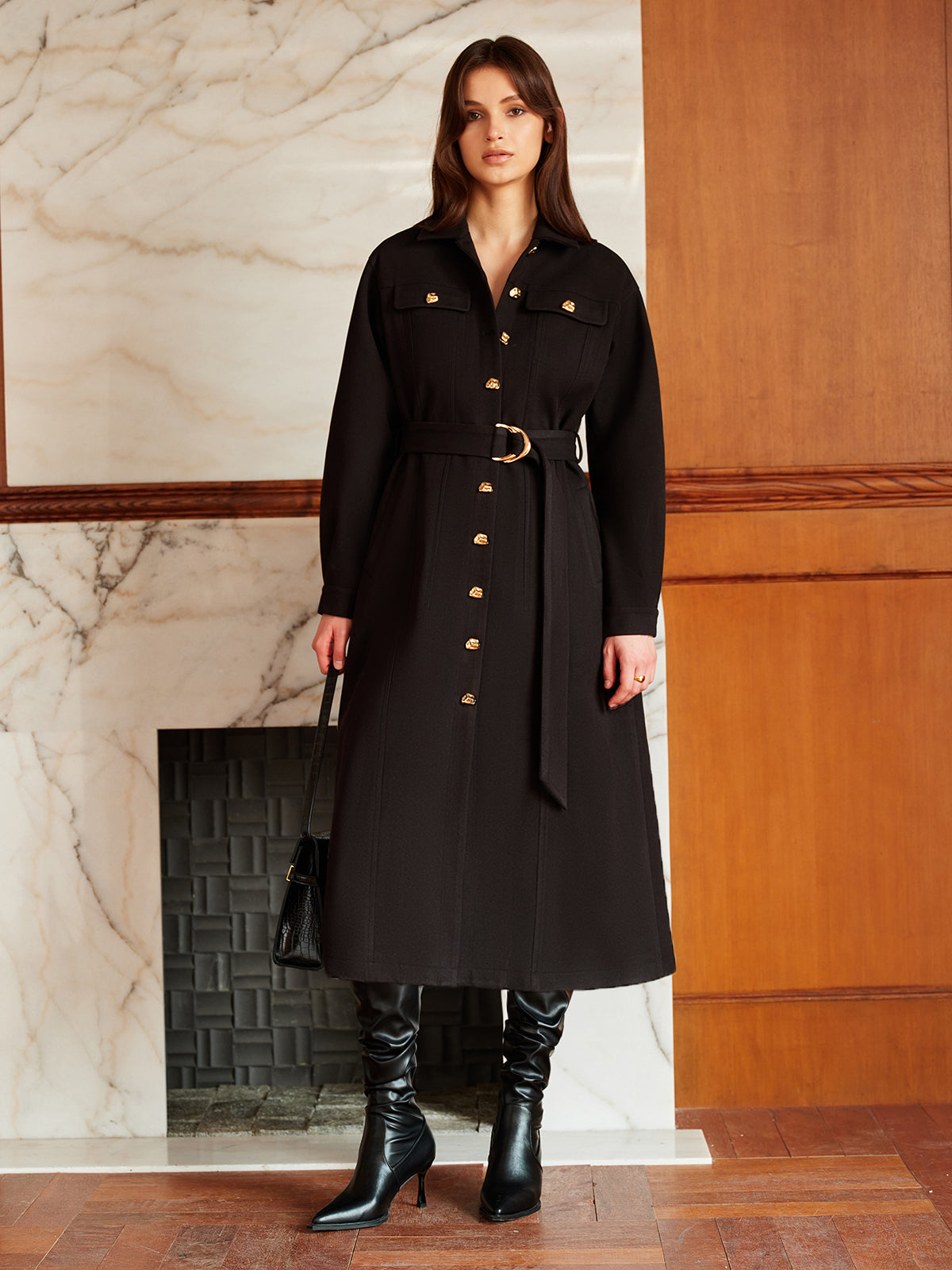 Leisure Metal Detail Belted Wool Coat-CALLISTARI