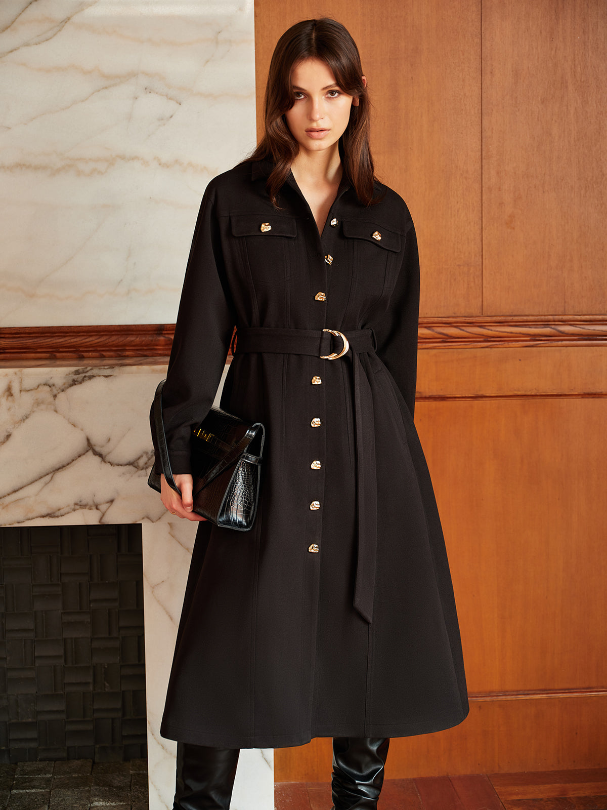 Leisure Metal Detail Belted Wool Coat-CALLISTARI