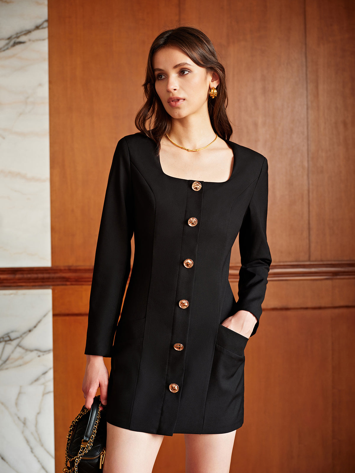 Square Neck Pockets Slim Dress-CALLISTARI