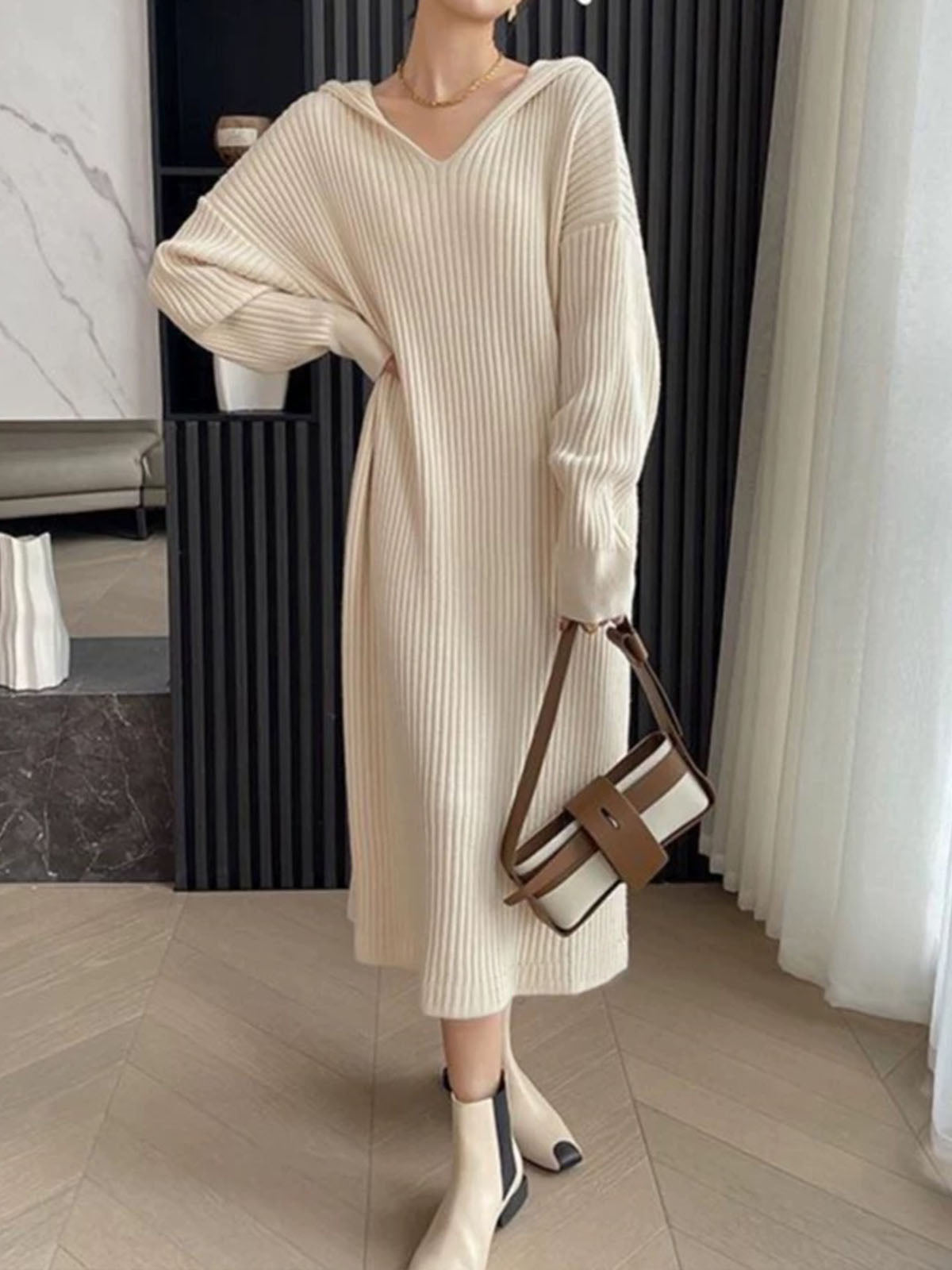 Ribbed Loose Hooded Sweater Dress-CALLISTARI