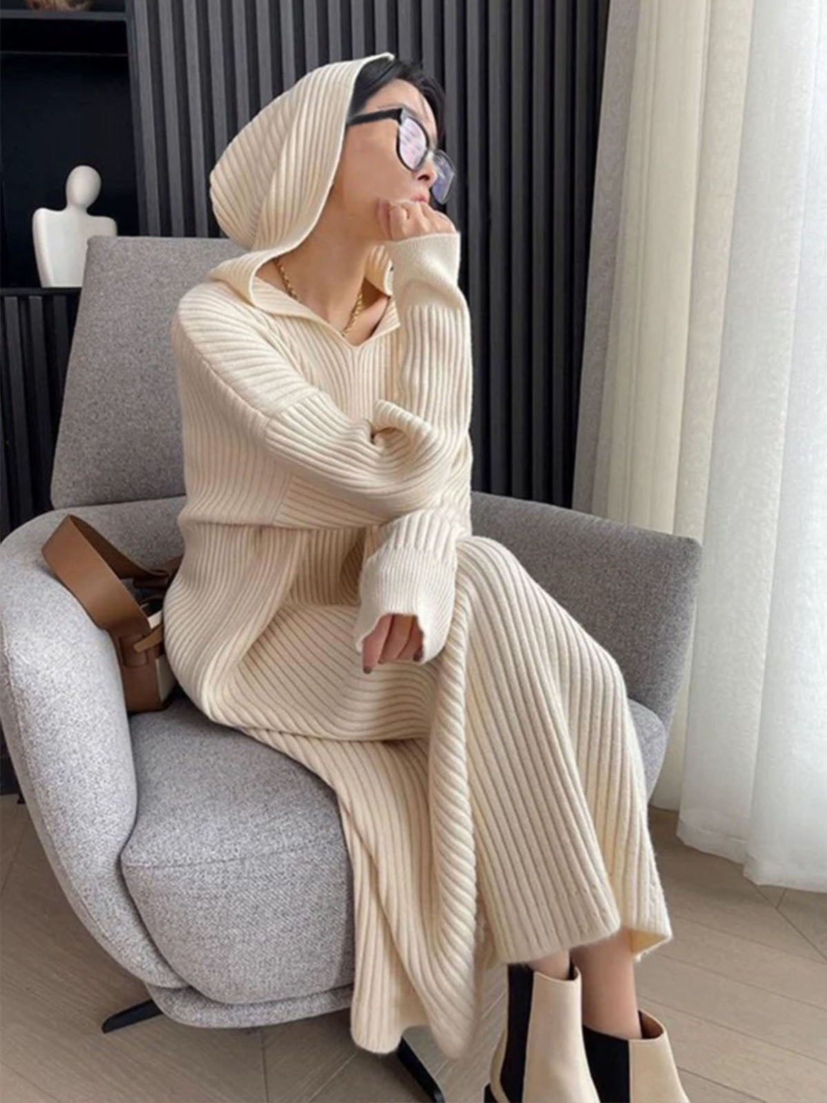 Ribbed Loose Hooded Sweater Dress-CALLISTARI