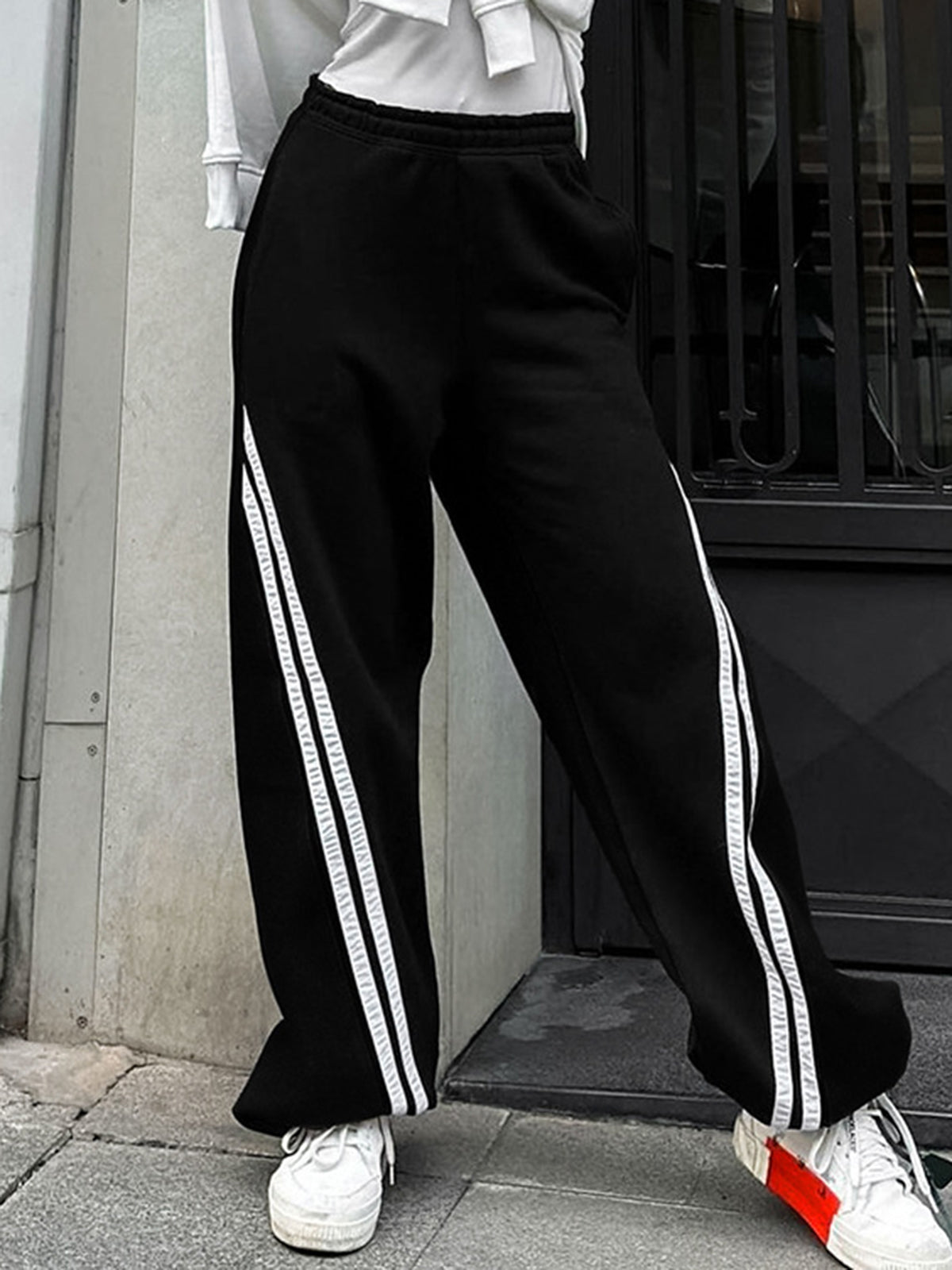 Drawstring Side Contrast Striped Pants-Mesadic