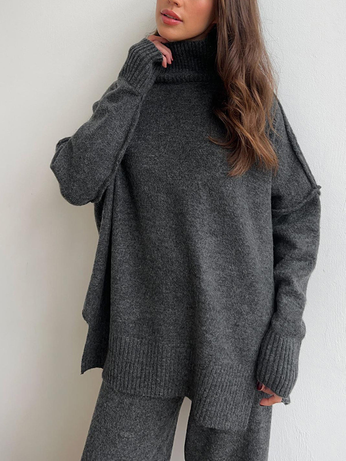 Plain Turtleneck Knit Pants Set-Mesadic