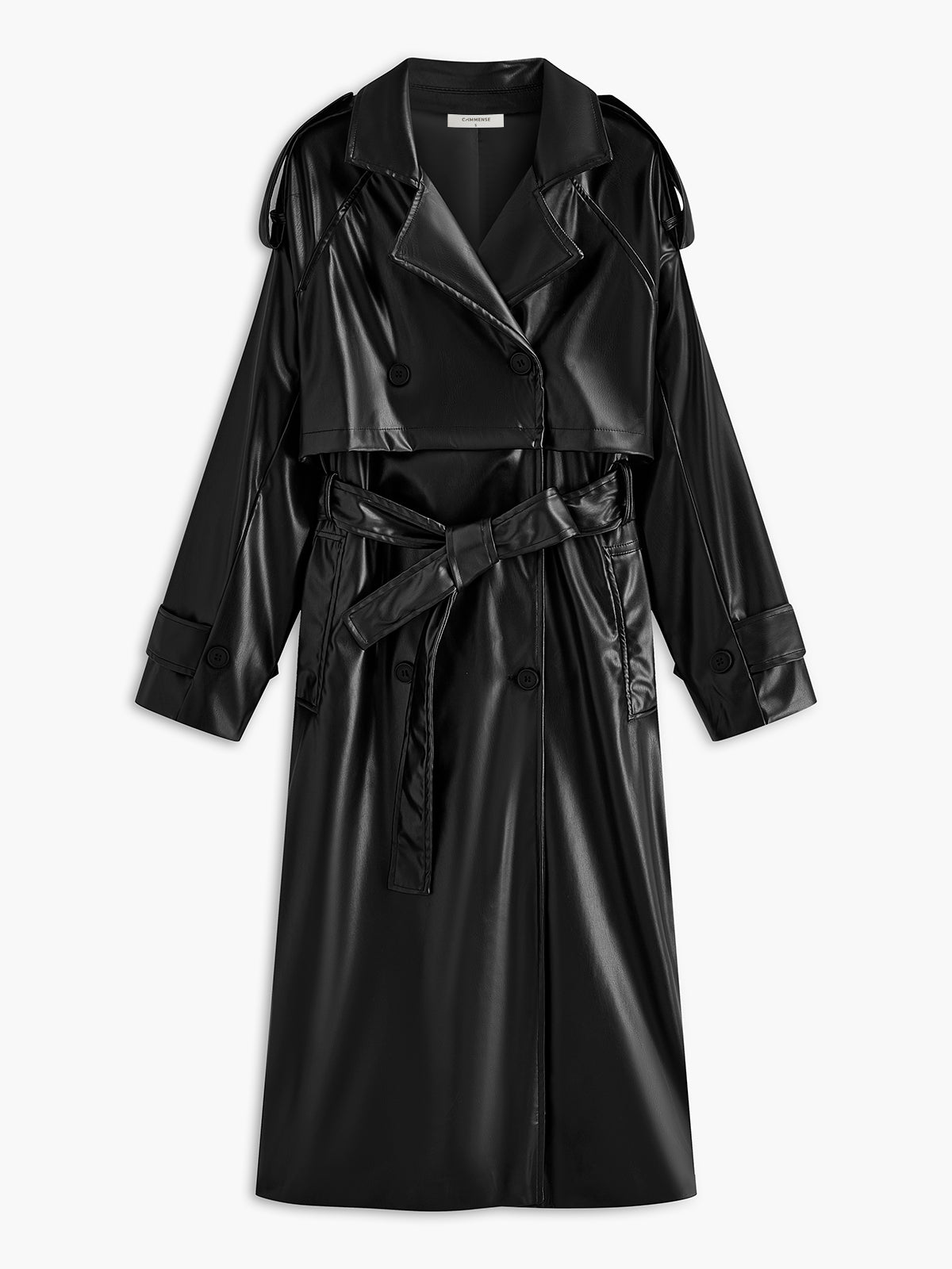 Belted Faux Leather Long Jacket-CALLISTARI