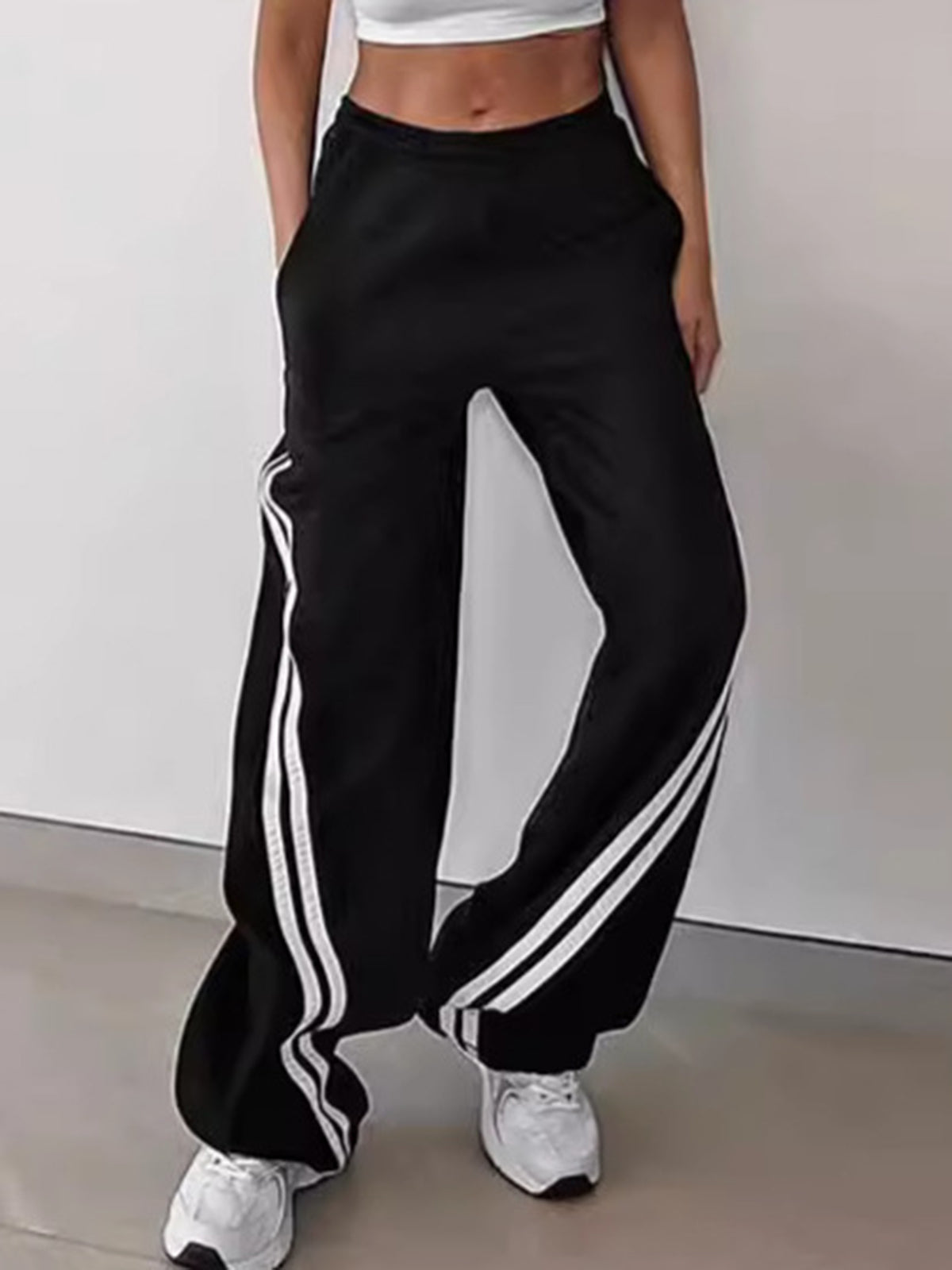 Drawstring Side Contrast Striped Pants-Mesadic