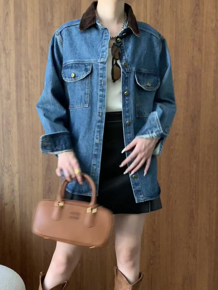 Contrast Collar Denim Polo Jacket-CALLISTARI