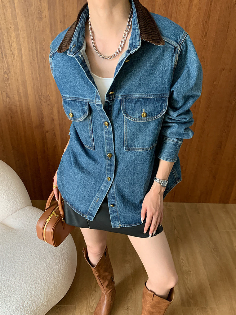Contrast Collar Denim Polo Jacket-CALLISTARI