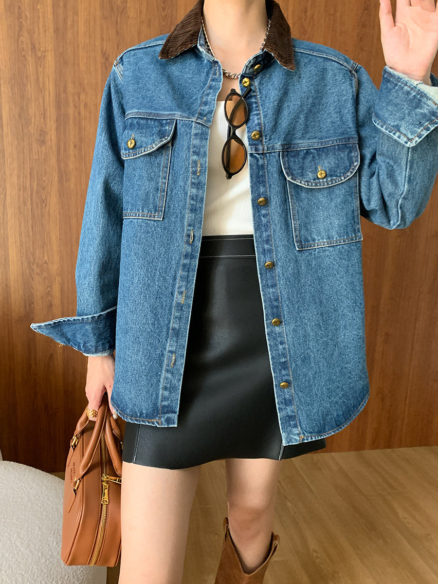 Contrast Collar Denim Polo Jacket-CALLISTARI