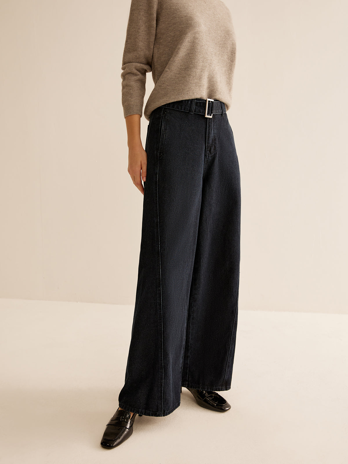 Washed Denim Belted Straight Pants-CALLISTARI
