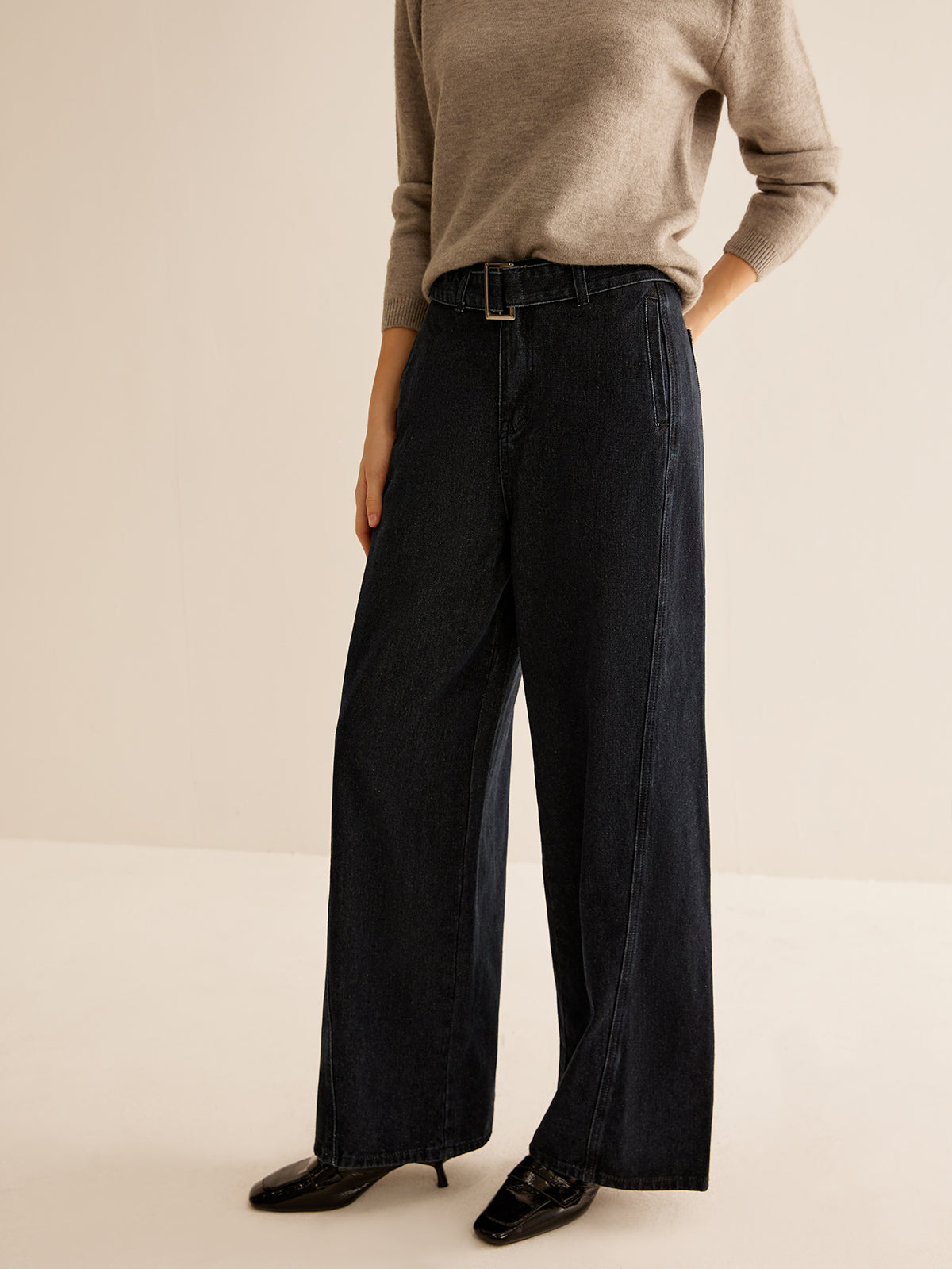 Washed Denim Belted Straight Pants-CALLISTARI