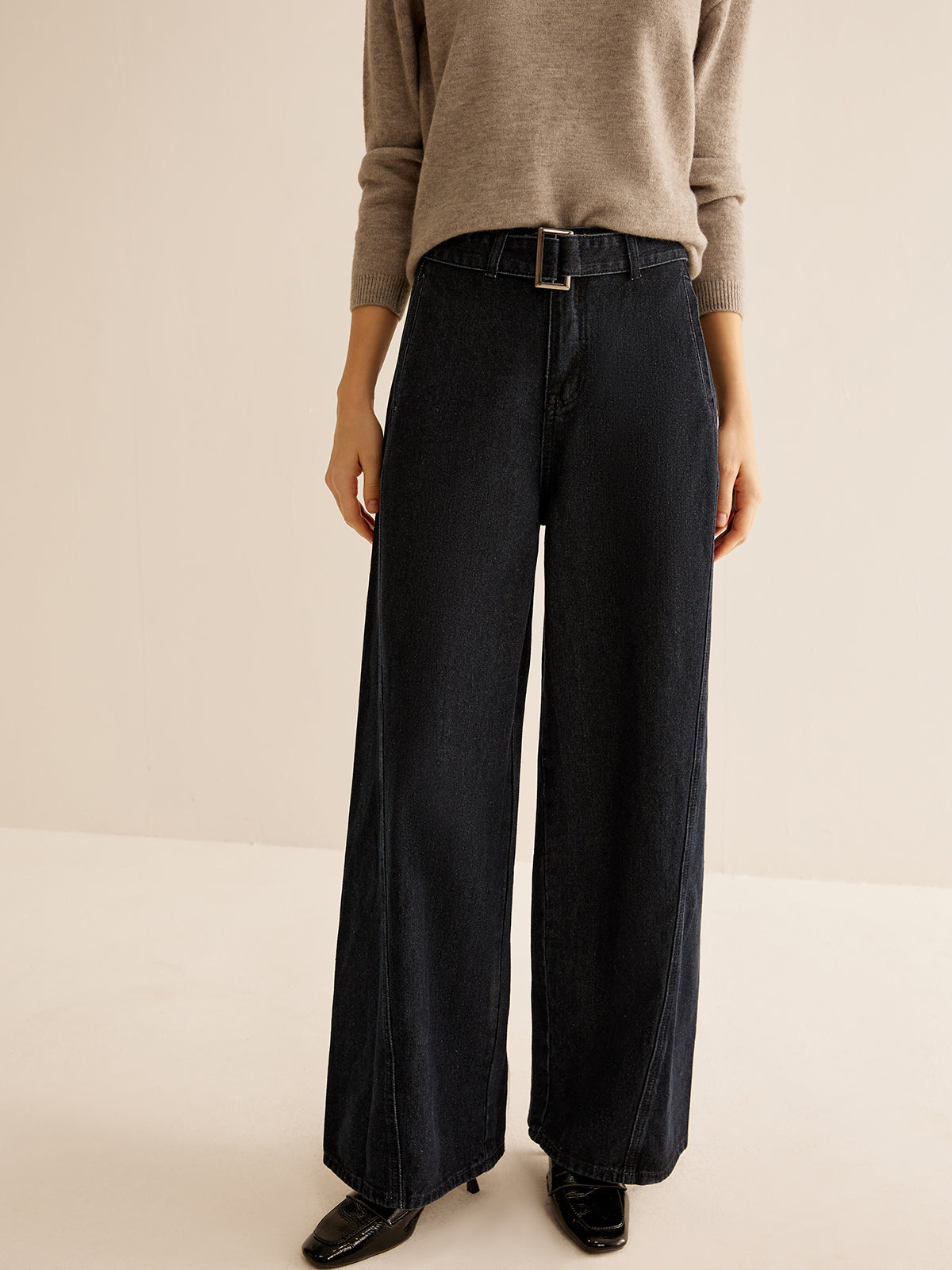 Washed Denim Belted Straight Pants-CALLISTARI