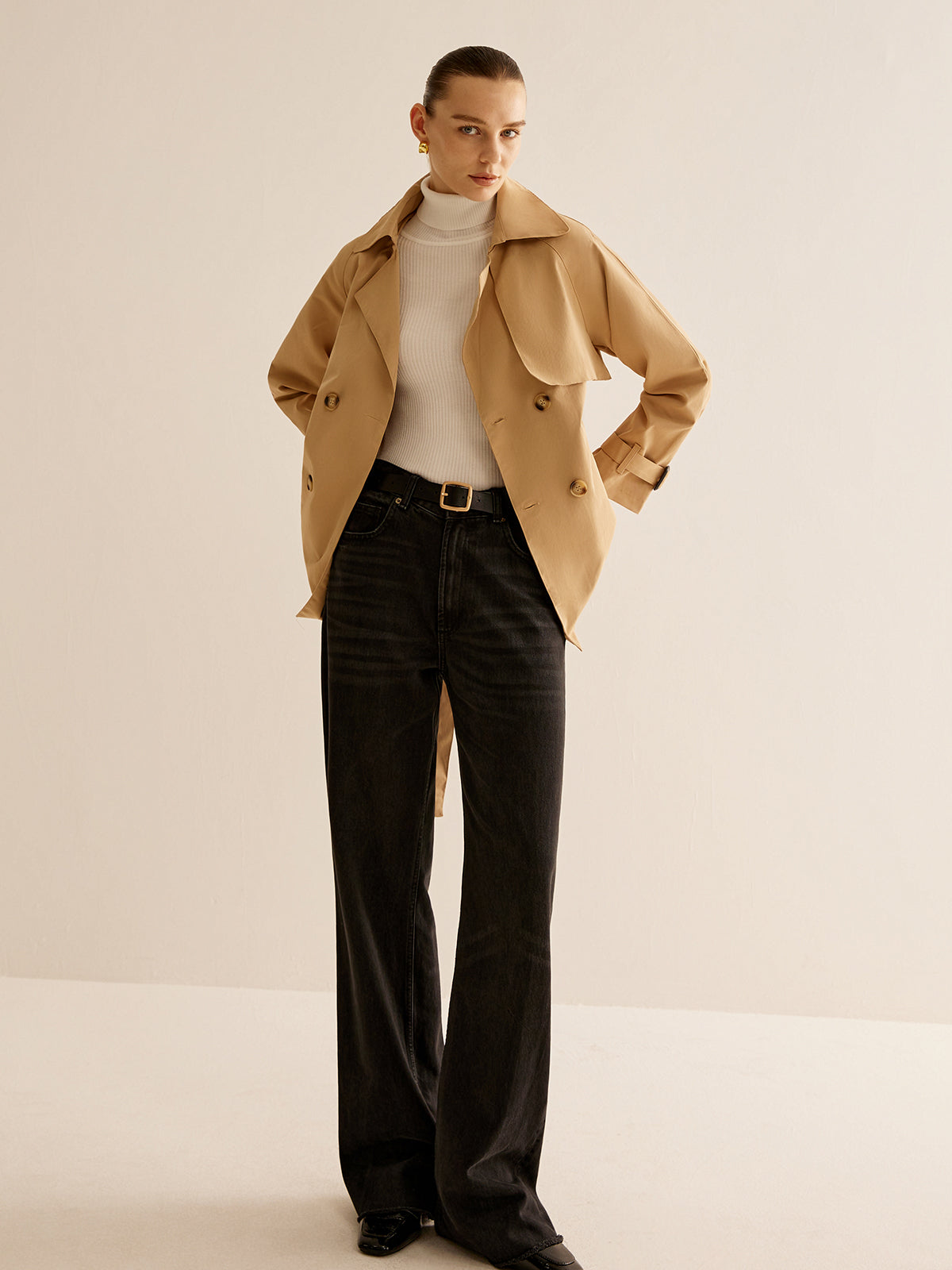 Buckle Design Lapel Belted Trench Coat-CALLISTARI