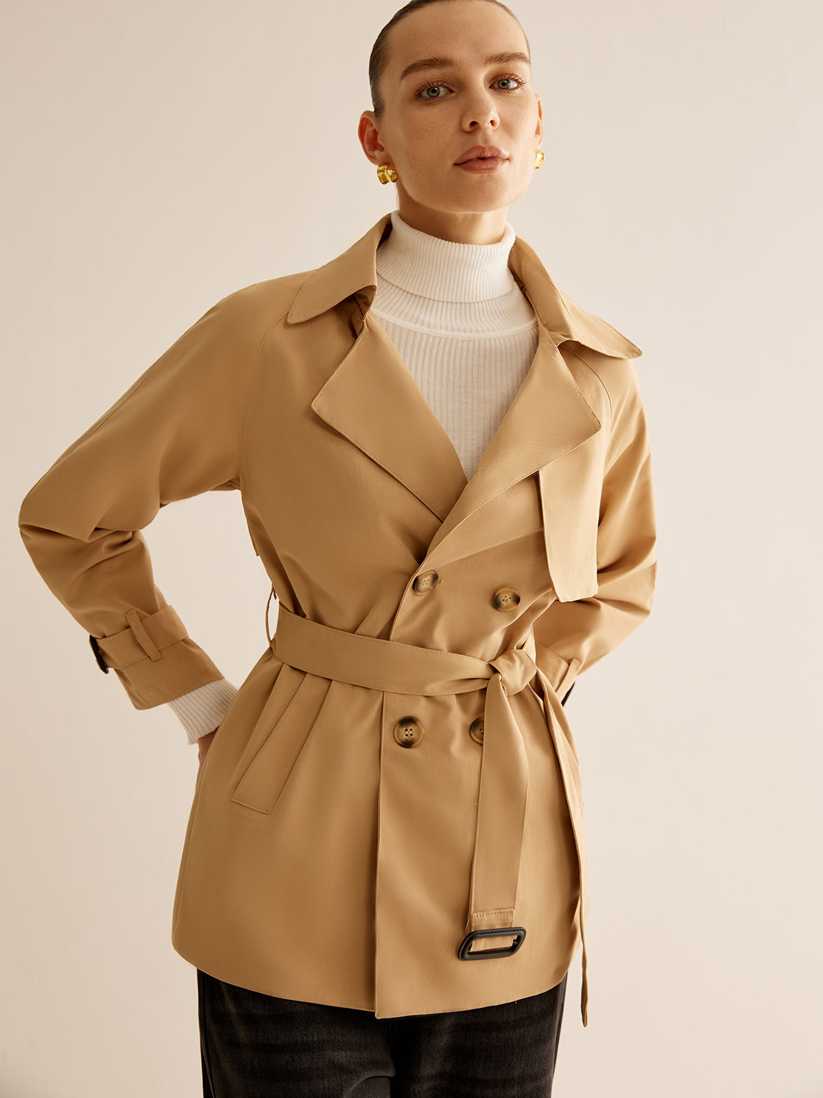 Buckle Design Lapel Belted Trench Coat-CALLISTARI