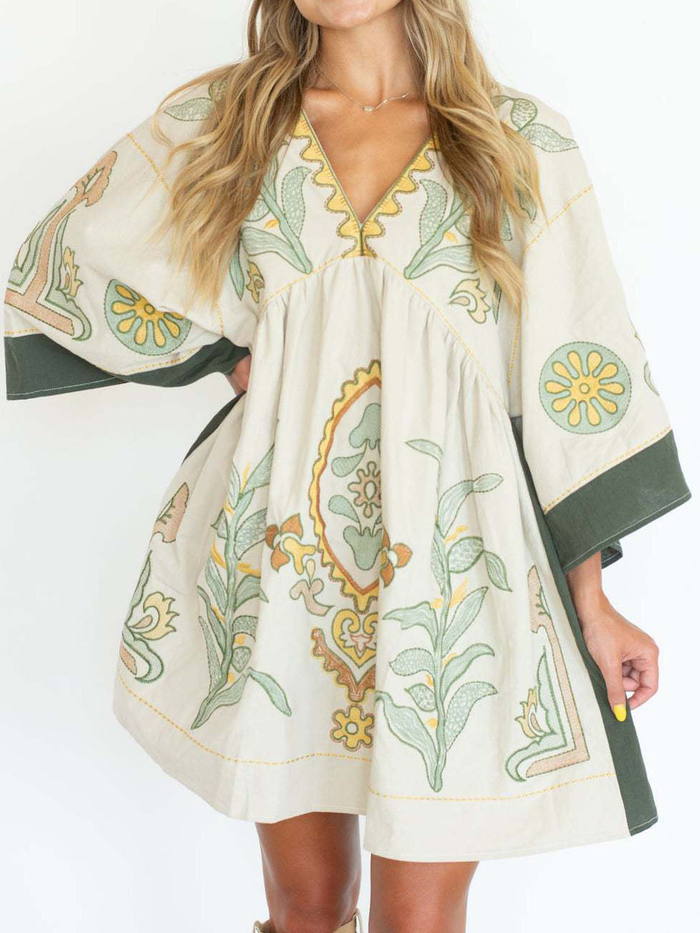 Boheme Embroidery Pleated Half-Sleeve Dress-CALLISTARI