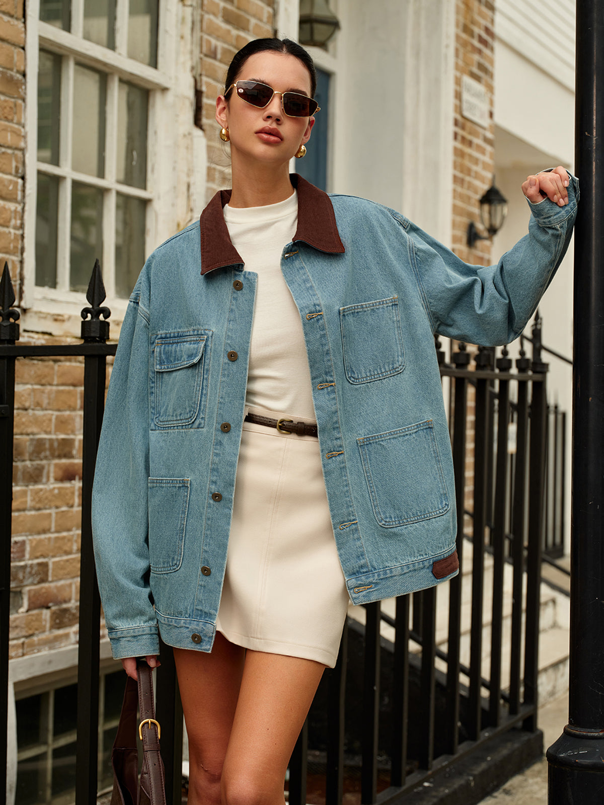 Contrast Collar Versatile Denim Jacket-Mesadic