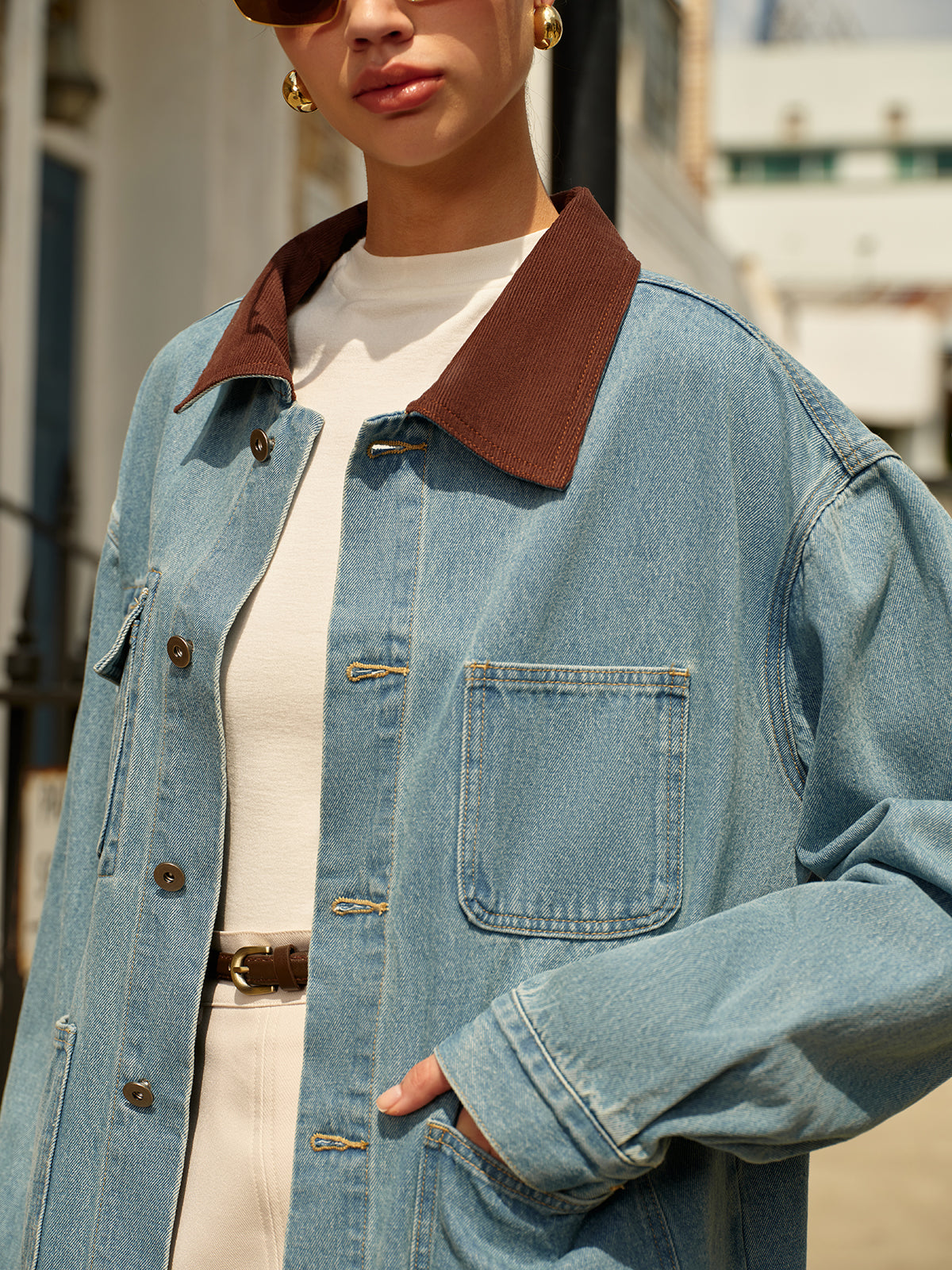 Contrast Collar Versatile Denim Jacket-Mesadic