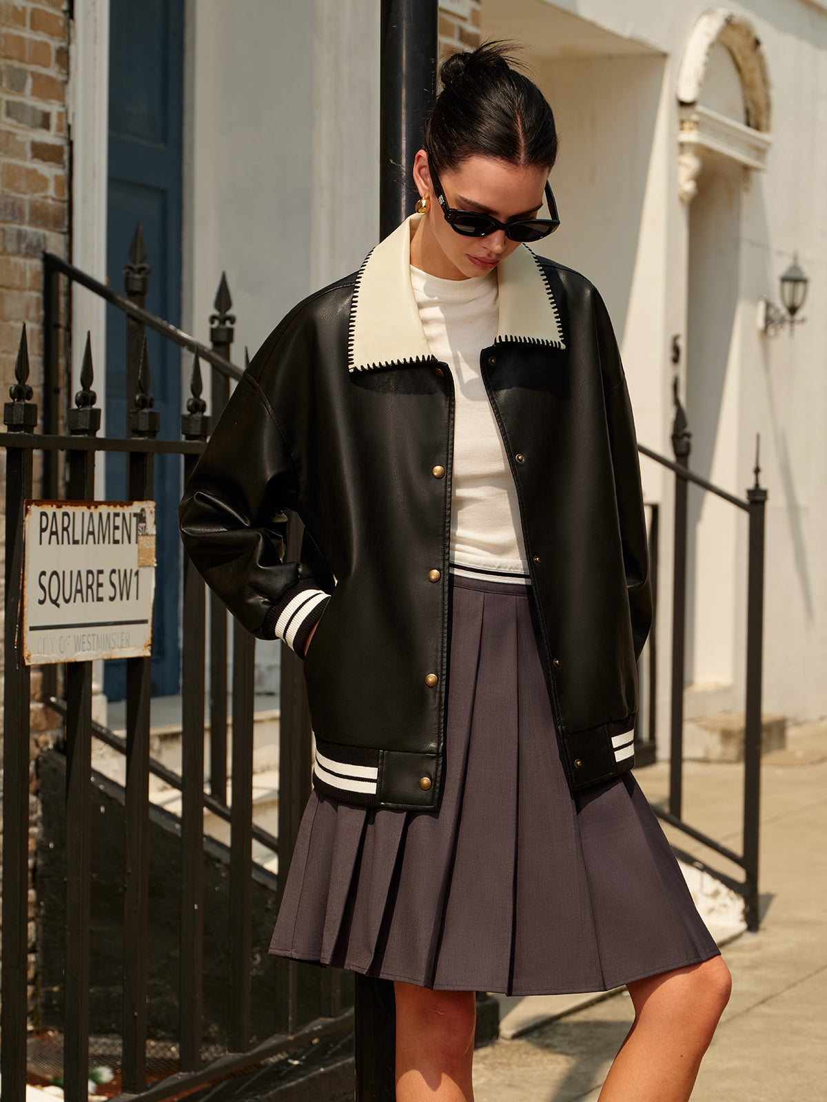 Contrast Collar PU Leather Bomber Jacket-CALLISTARI