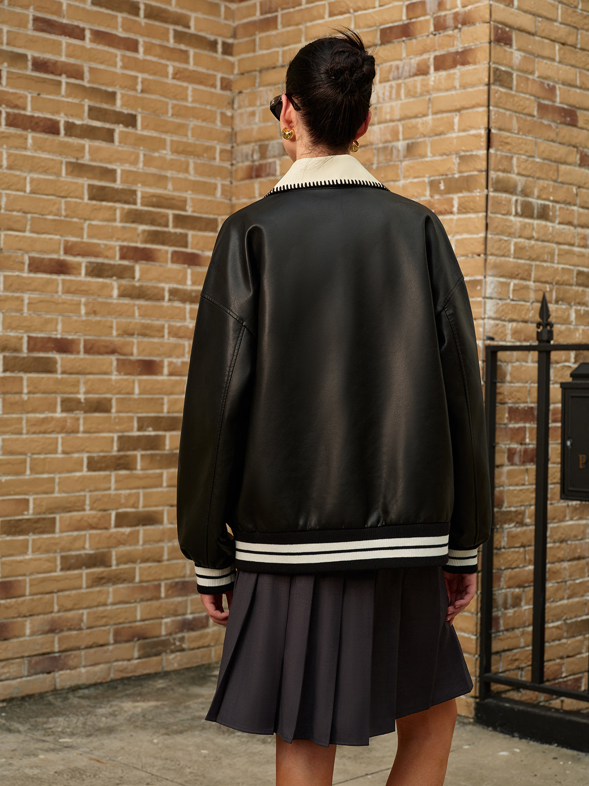 Contrast Collar PU Leather Bomber Jacket-CALLISTARI