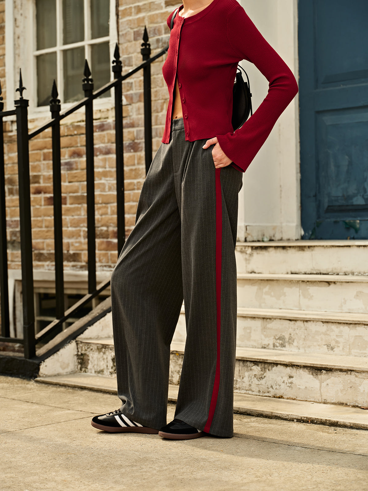 Contrast Piping Pinstripe Pants-Mesadic