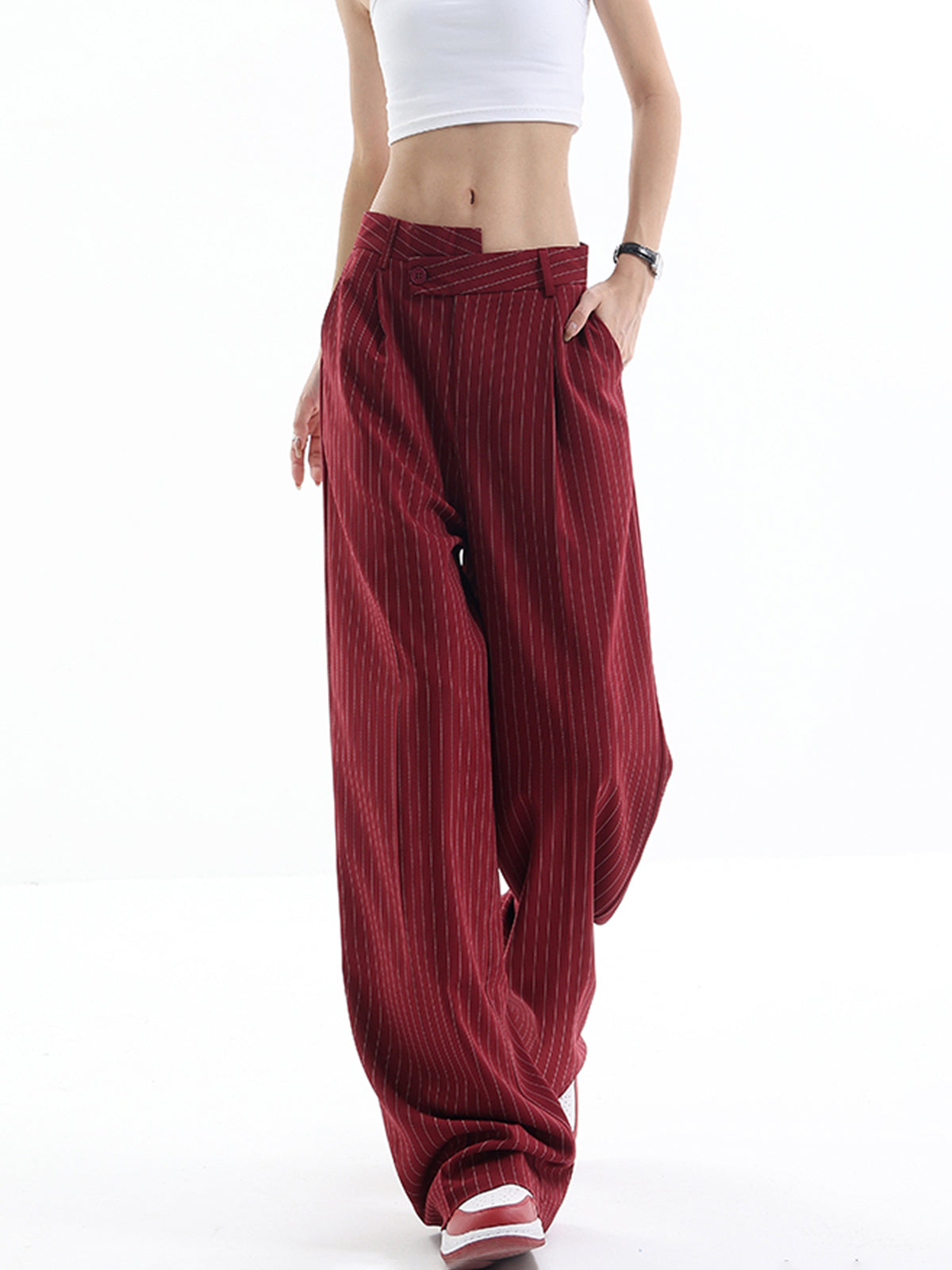Asymmetrical High-Waist Pinstripe Pants-CALLISTARI