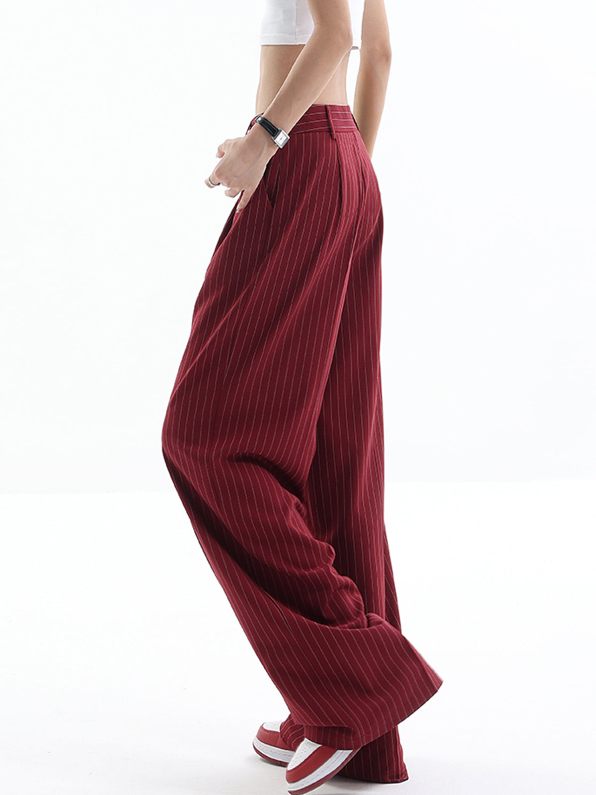 Asymmetrical High-Waist Pinstripe Pants-CALLISTARI