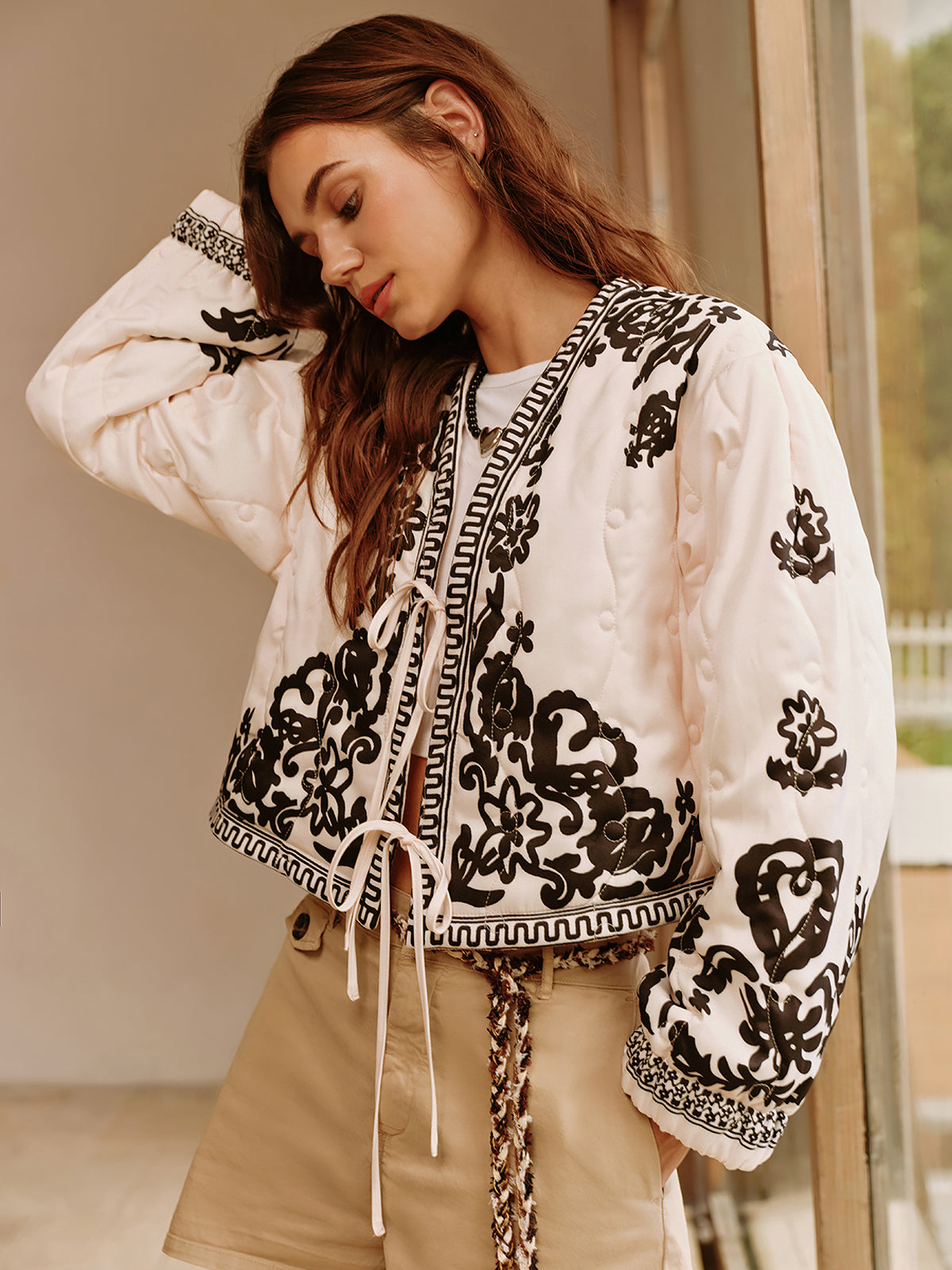 Boheme Printed Lace Up Short Jacket-Mesadic