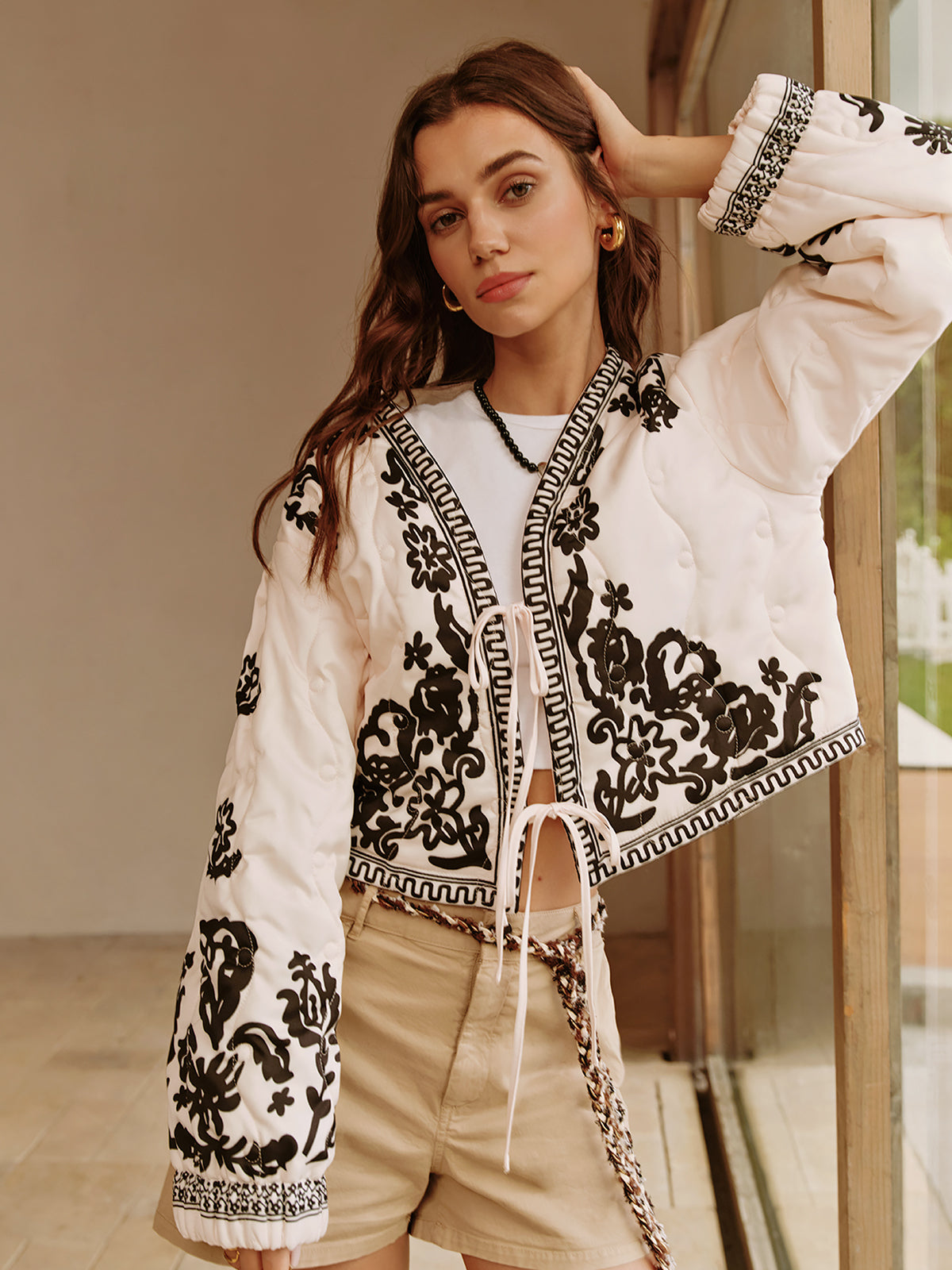 Boheme Printed Lace Up Short Jacket-Mesadic